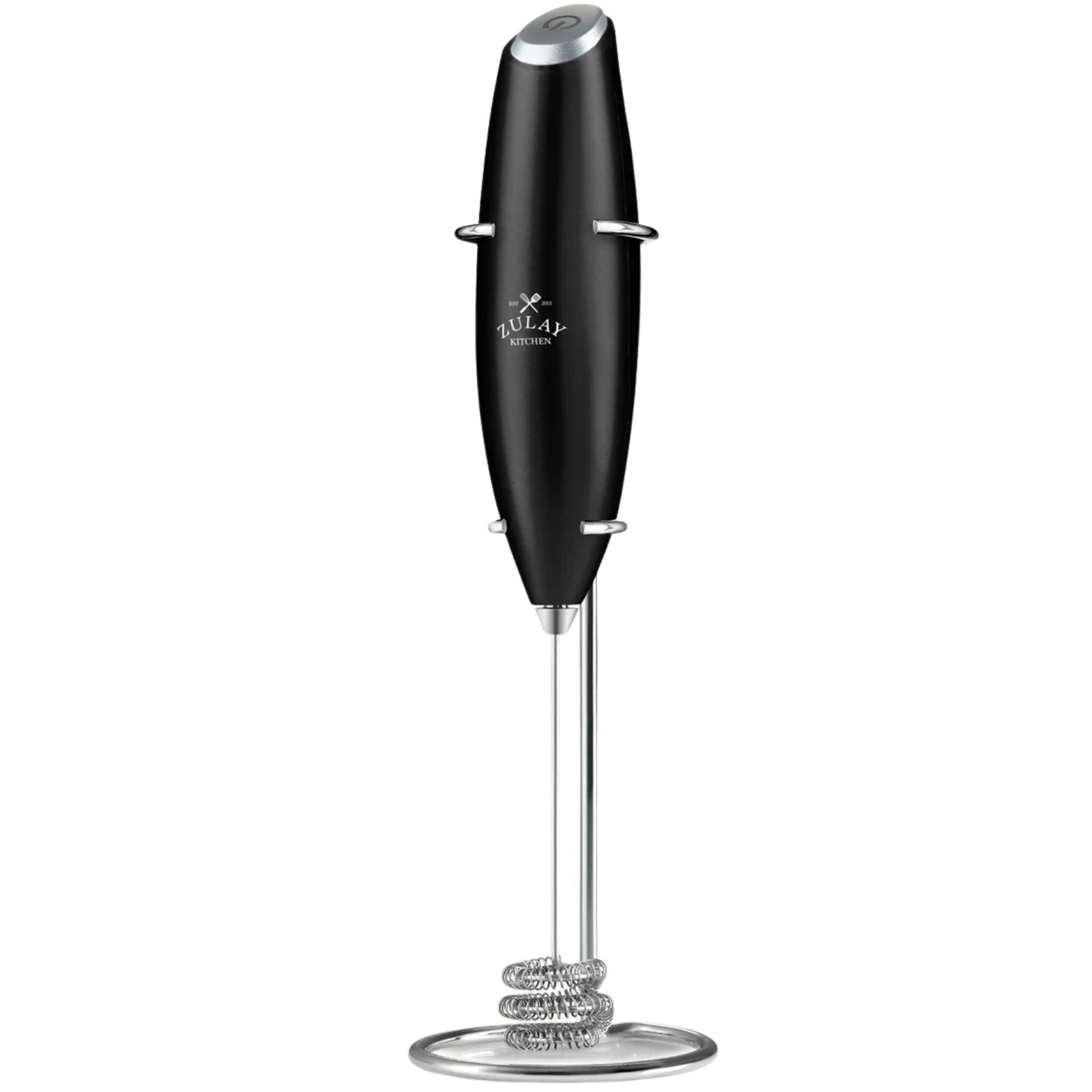 Tornado Triple Whisk Milk Frother with Stand & 4 Batteries - Metallic Black by Zulay Kitchen