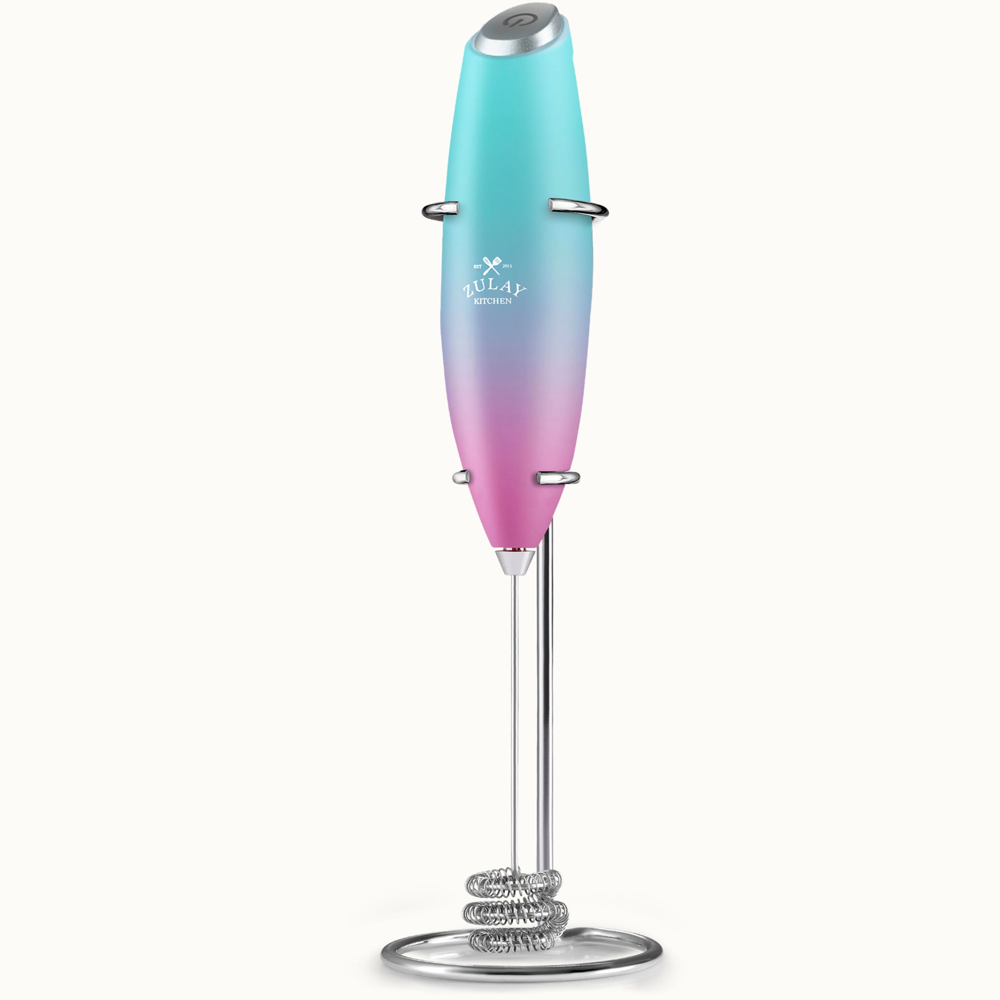 Tornado Triple Whisk Milk Frother with Stand & 4 Batteries - Bubblegum by Zulay Kitchen