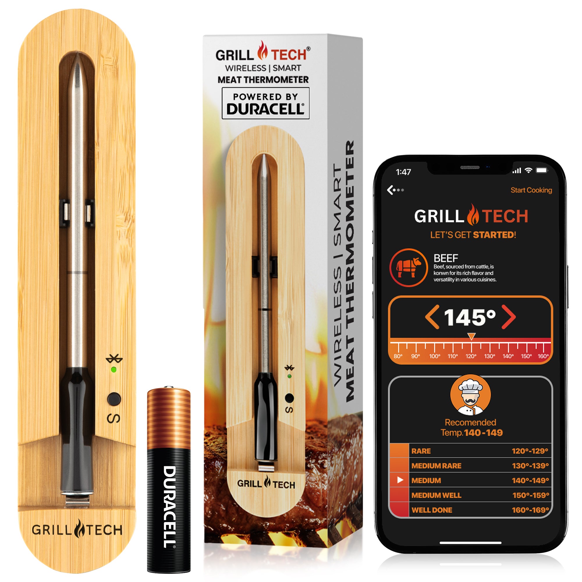 Grill Tech Wireless Meat Thermometer - Bamboo - 1 Probe