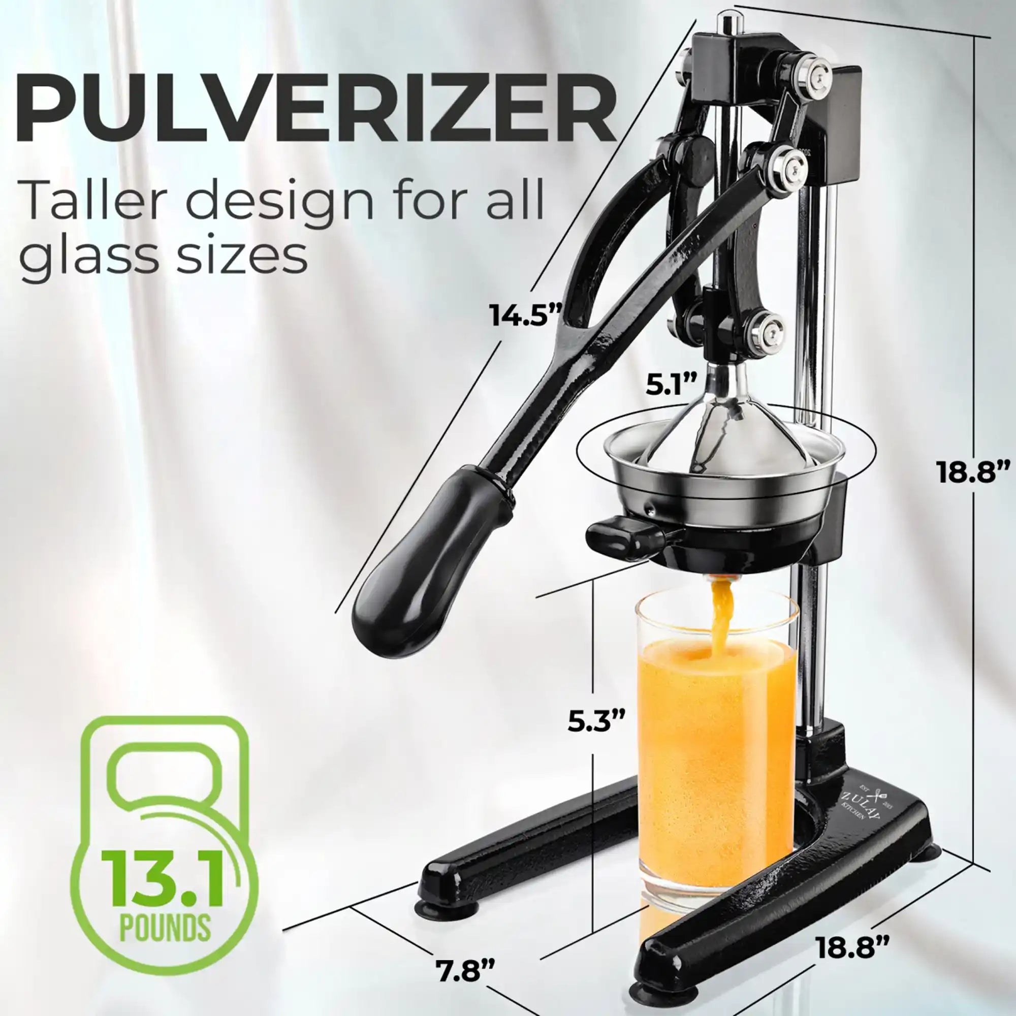 Pulverizer with dimensions and a glass of orange juice on a white background