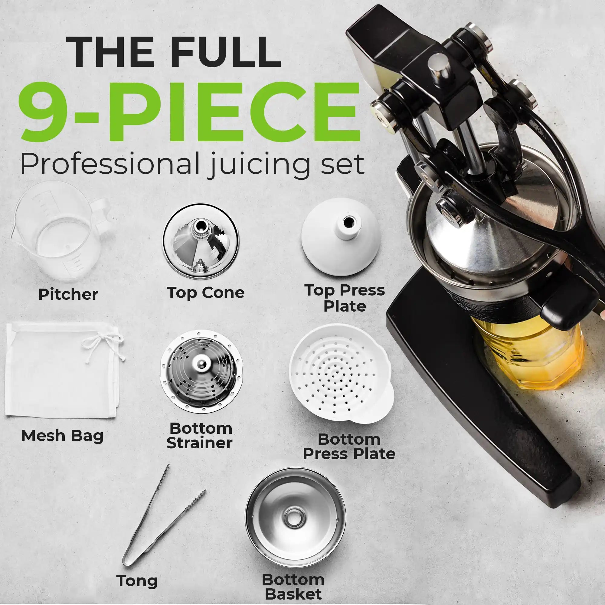 9-piece professional juicing set with juicer and components on a light gray background