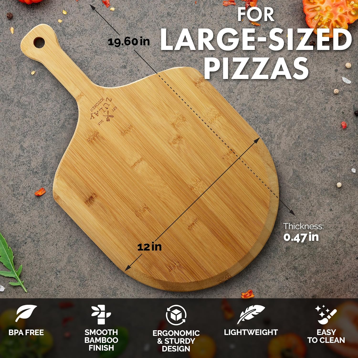 12 inch Bamboo Pizza Paddle by Zulay Kitchen