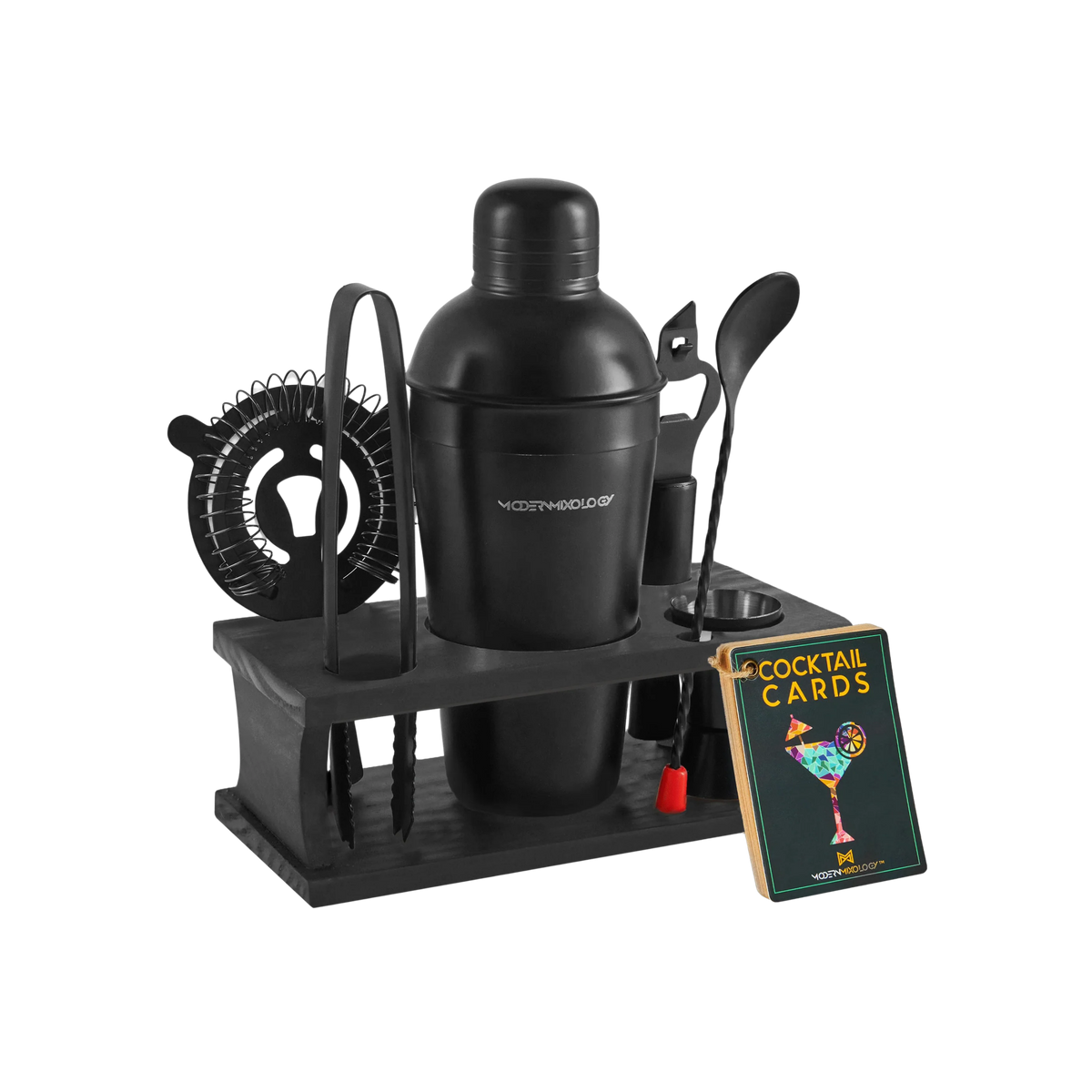 8-Piece Matte Black Bartender Kit with Black Wood Stand