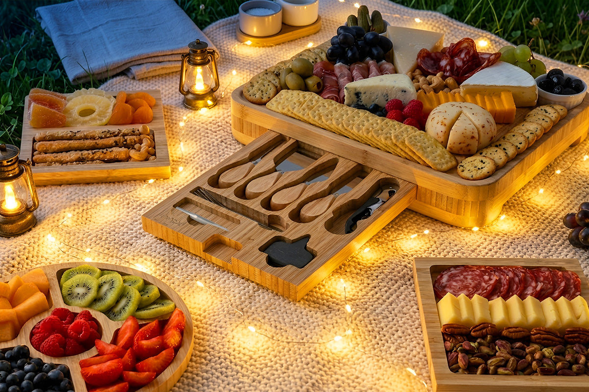 Outdoor picnic setup withKitchen Bamboo Cheese Board Set, fruits, and candles on a blanket.