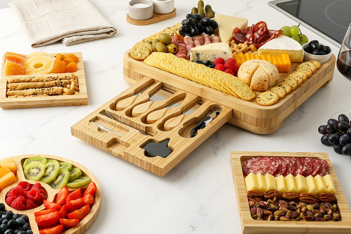 Bamboo Cheese Board Set with various food items on a white surface