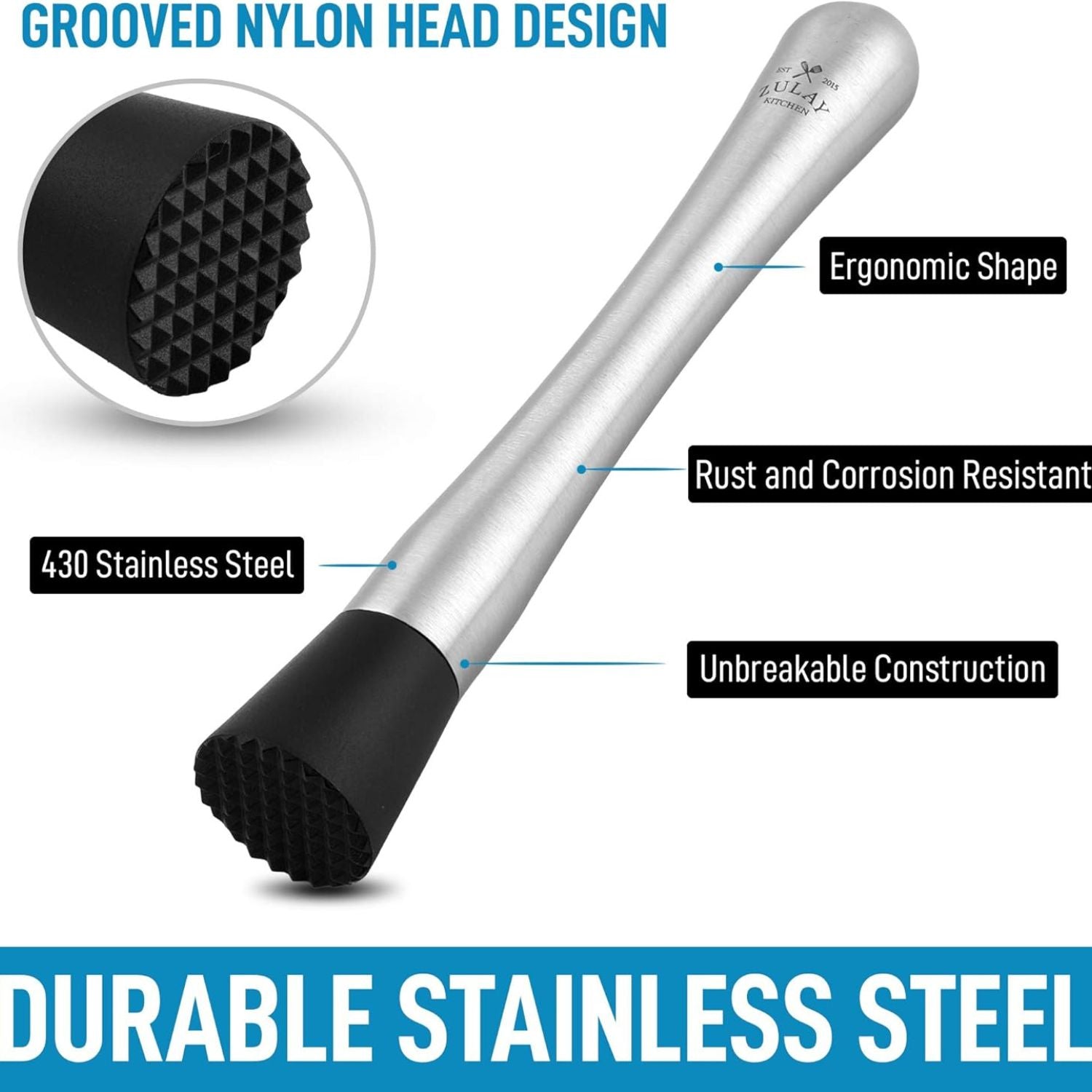 Professional Cocktail Muddler with Grooved Nylon Head by Zulay Kitchen