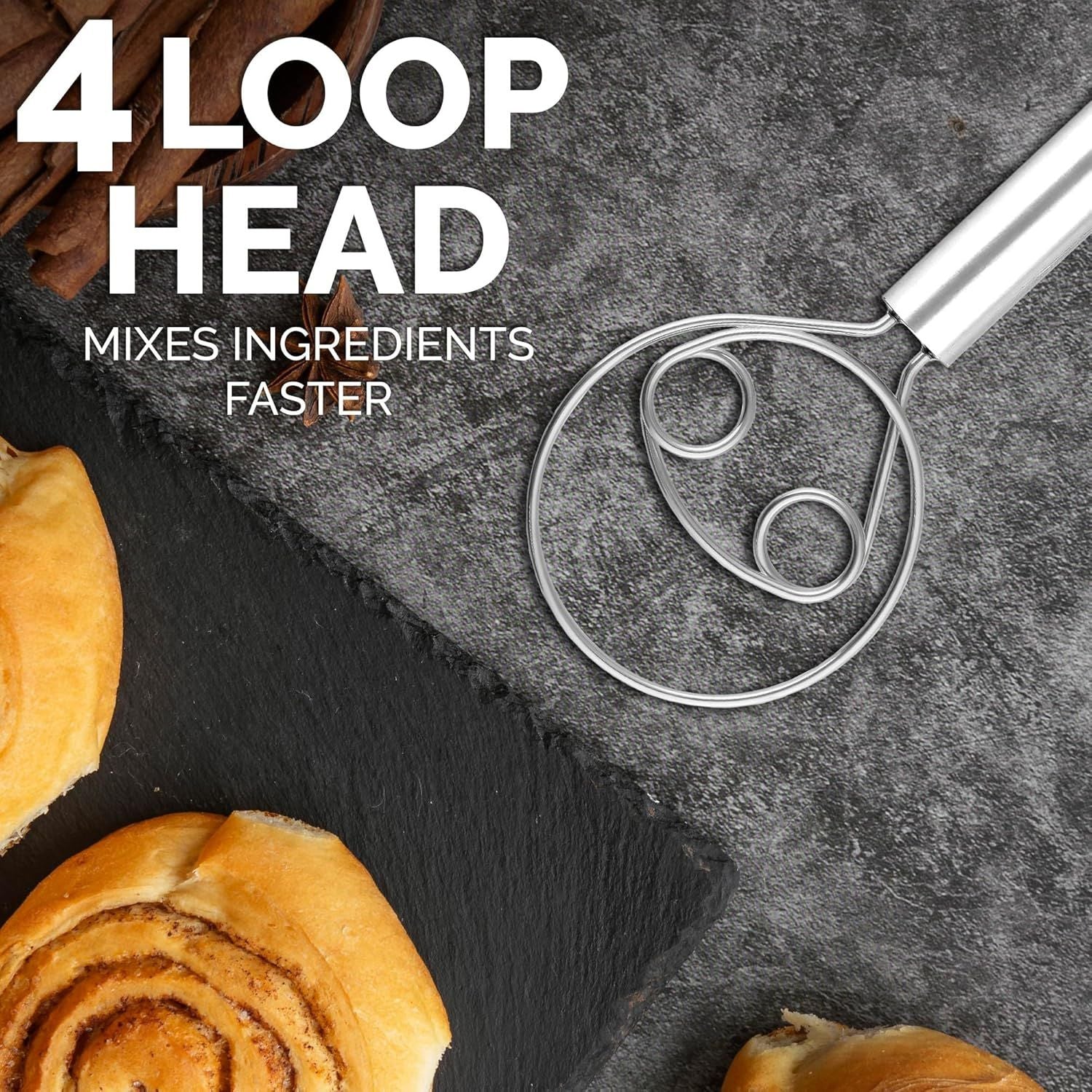 4 Loop Head Danish Dough Whisk Stainless Steel by Zulay Kitchen