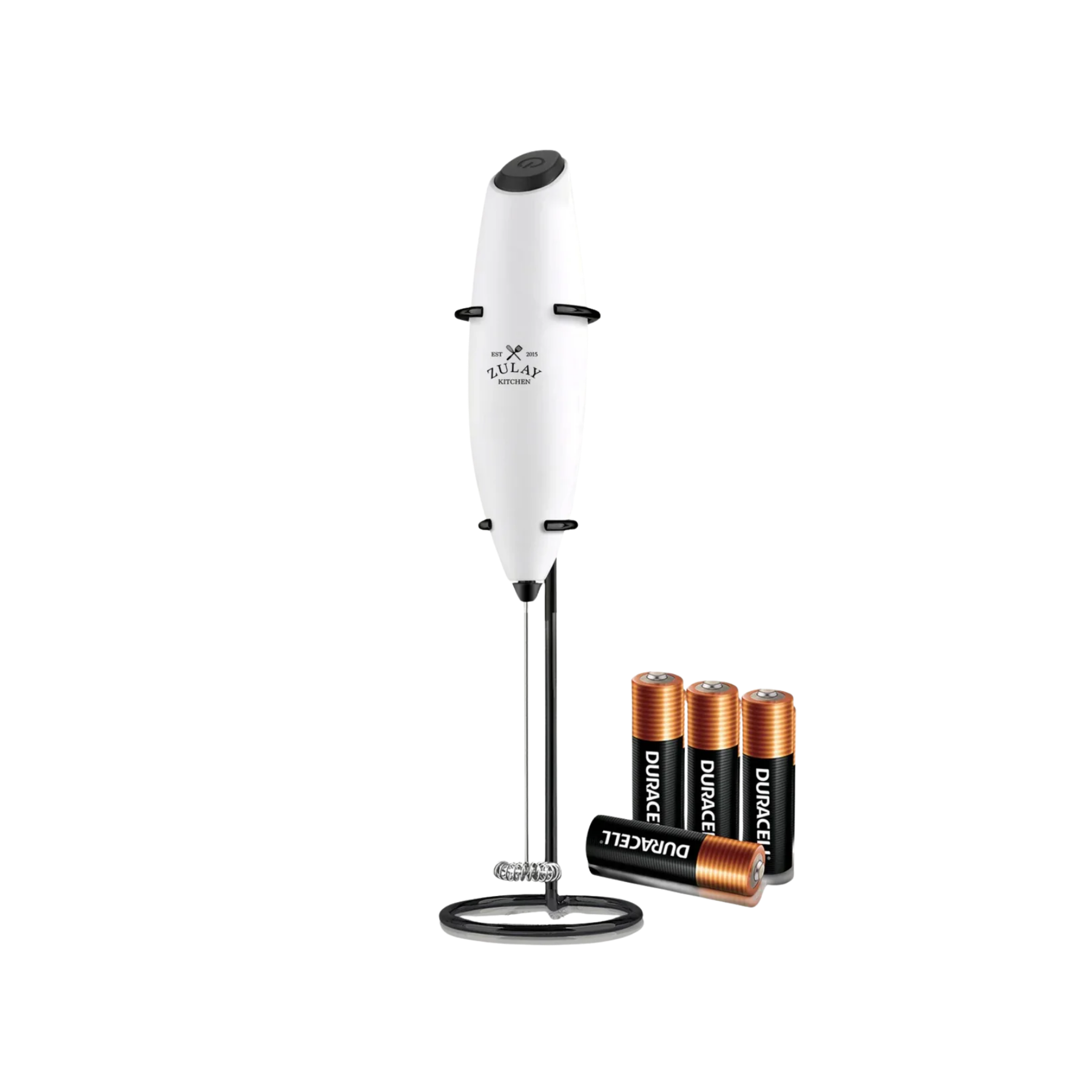 Milk Frother with 4 Batteries - Duracell Powered - Exec White n Black w Black Stand by Zulay Kitchen