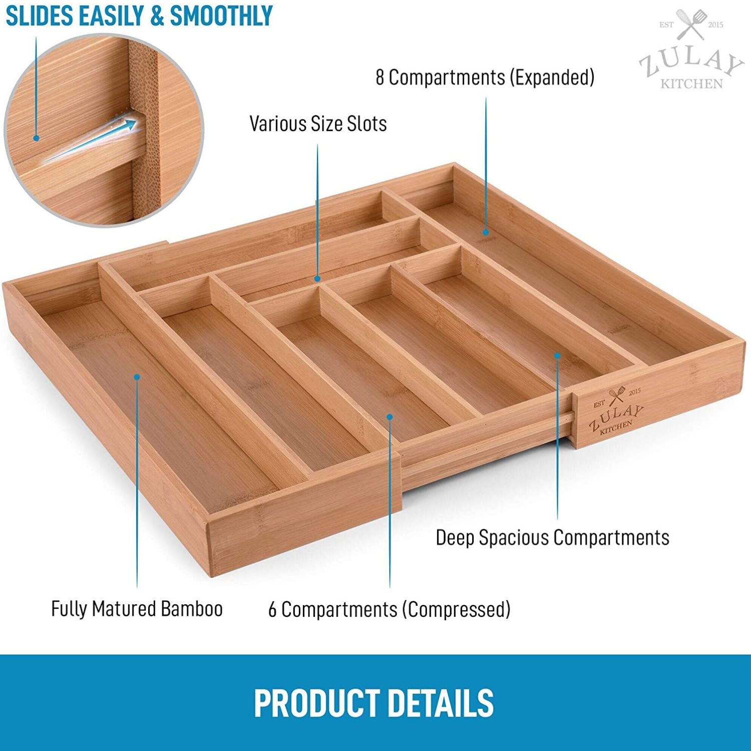 Slides Easily & Smoothly Expandable Bamboo Kitchen Drawer Organizer by Zulay Kitchen