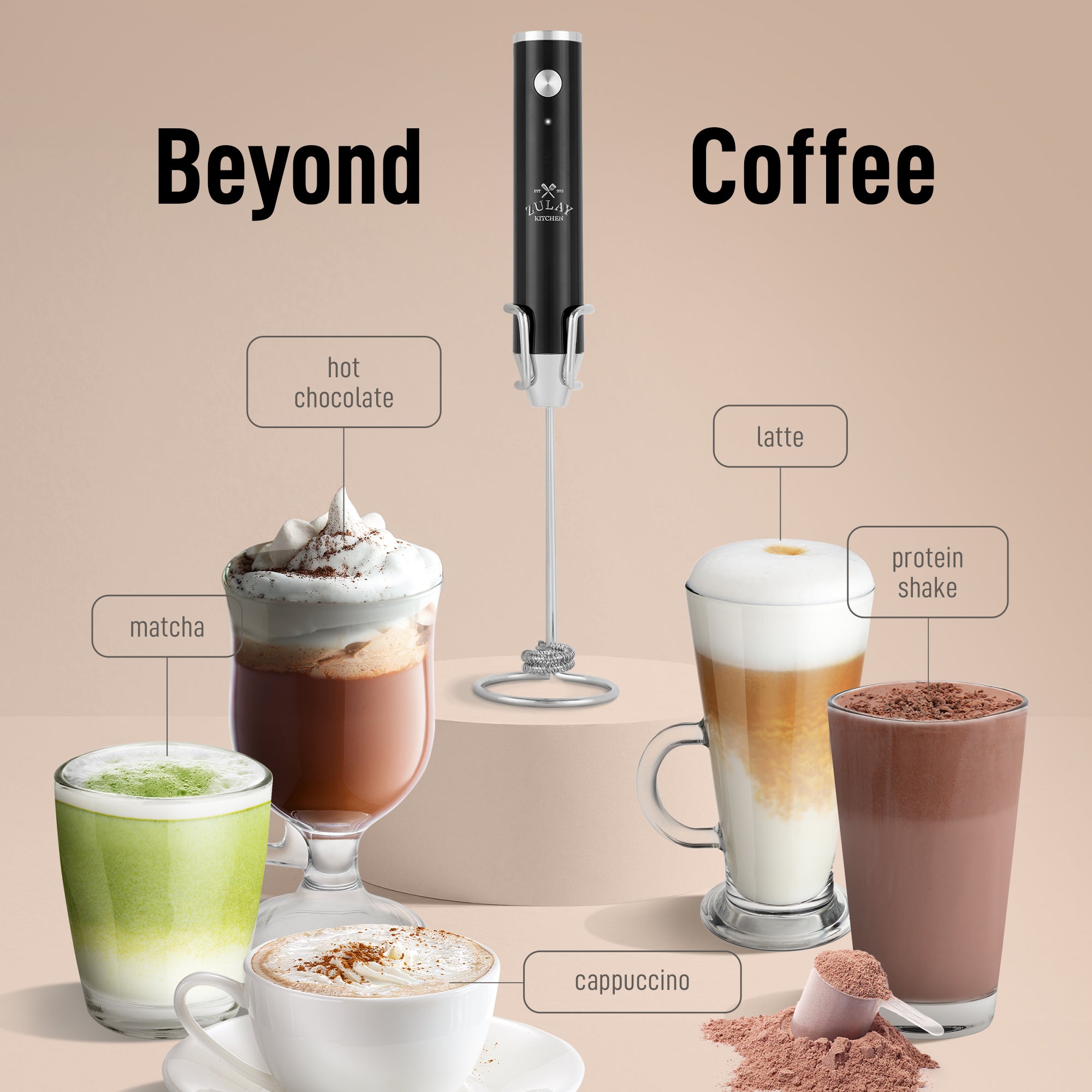 Rechrageable milk frother (black) with frothy cups of coffee by Zulay Kitchen