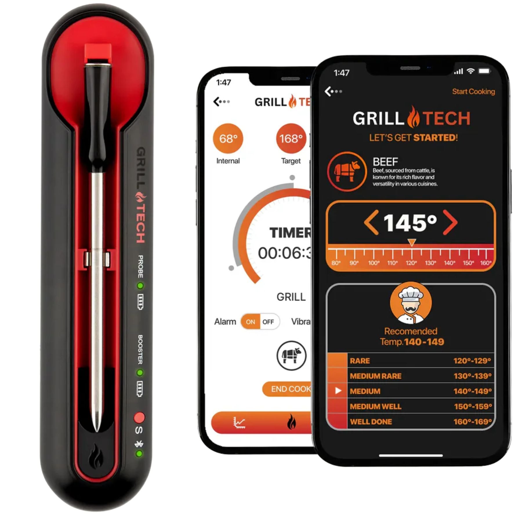Grill Tech Wireless Meat Thermometer - Plastic - 1 Probe (Black & Red)