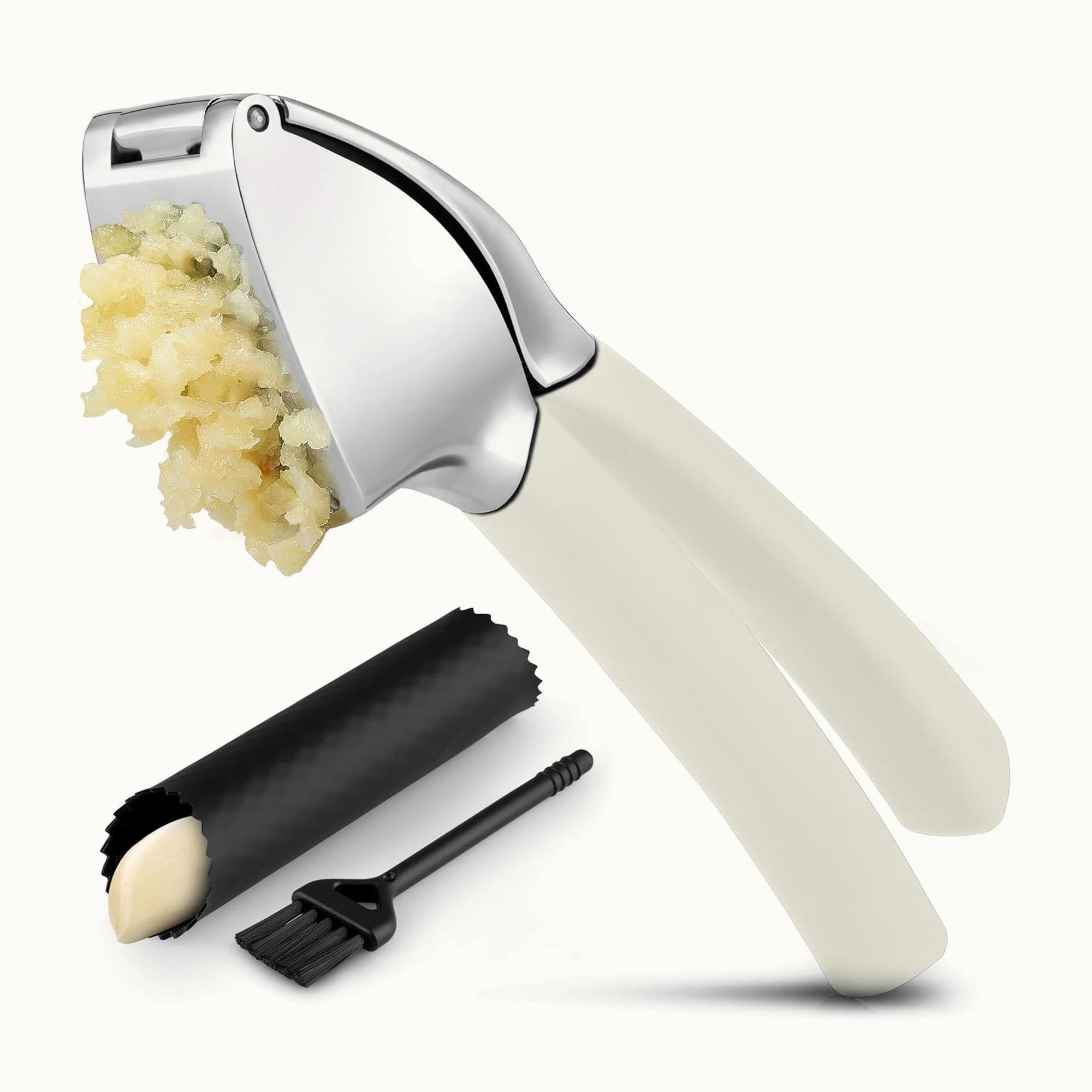 Garlic Press Comfort Grip with Peeler and Brush - White by Zulay Kitchen