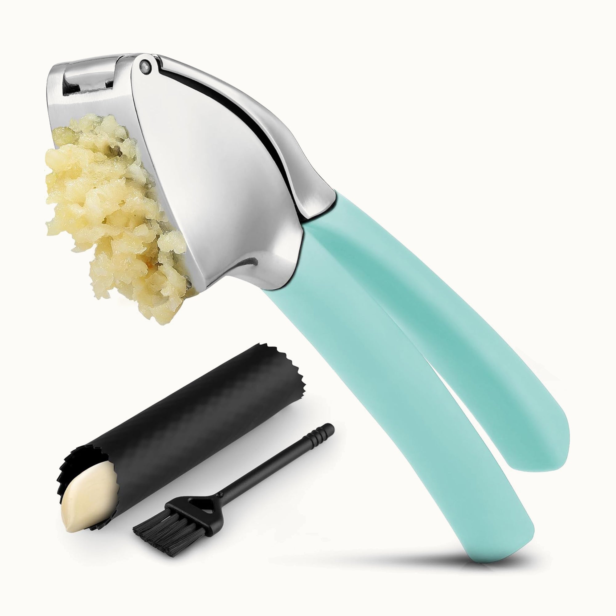 Garlic Press Comfort Grip with Peeler and Brush - Light Blue by Zulay Kitchen