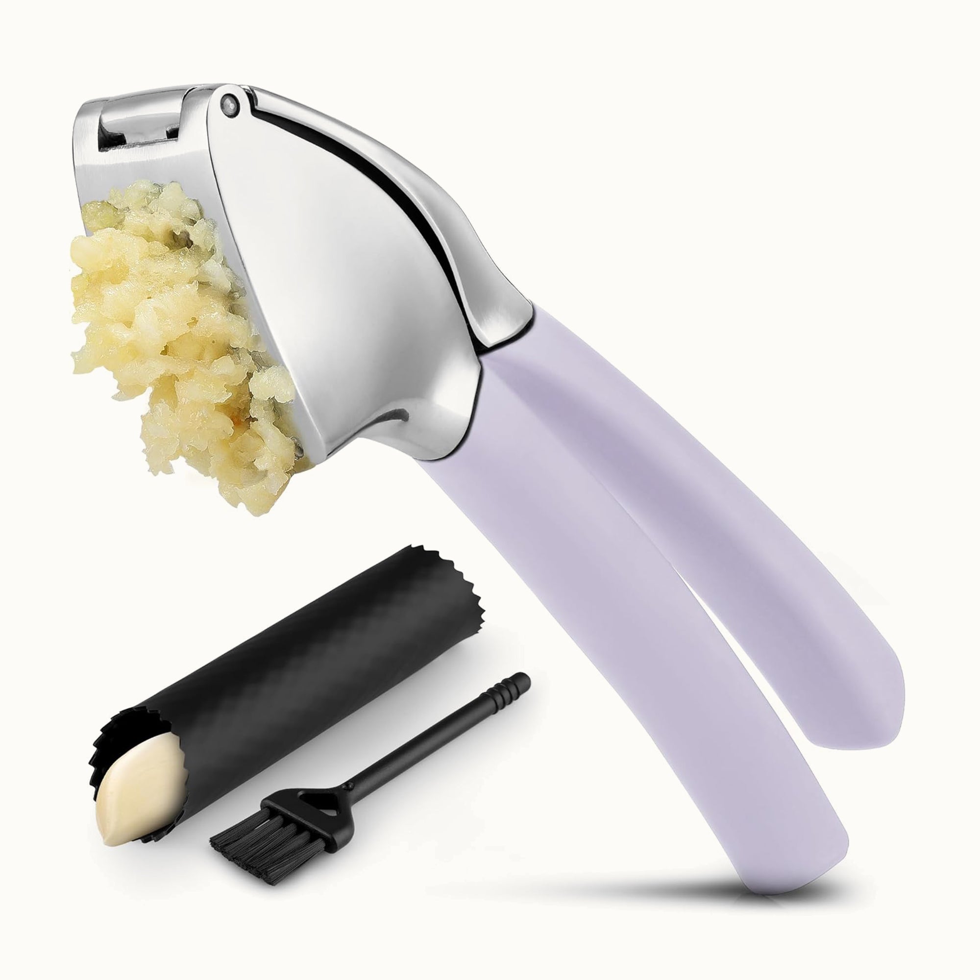 Garlic Press Comfort Grip with Peeler and Brush - Lavender by Zulay Kitchen