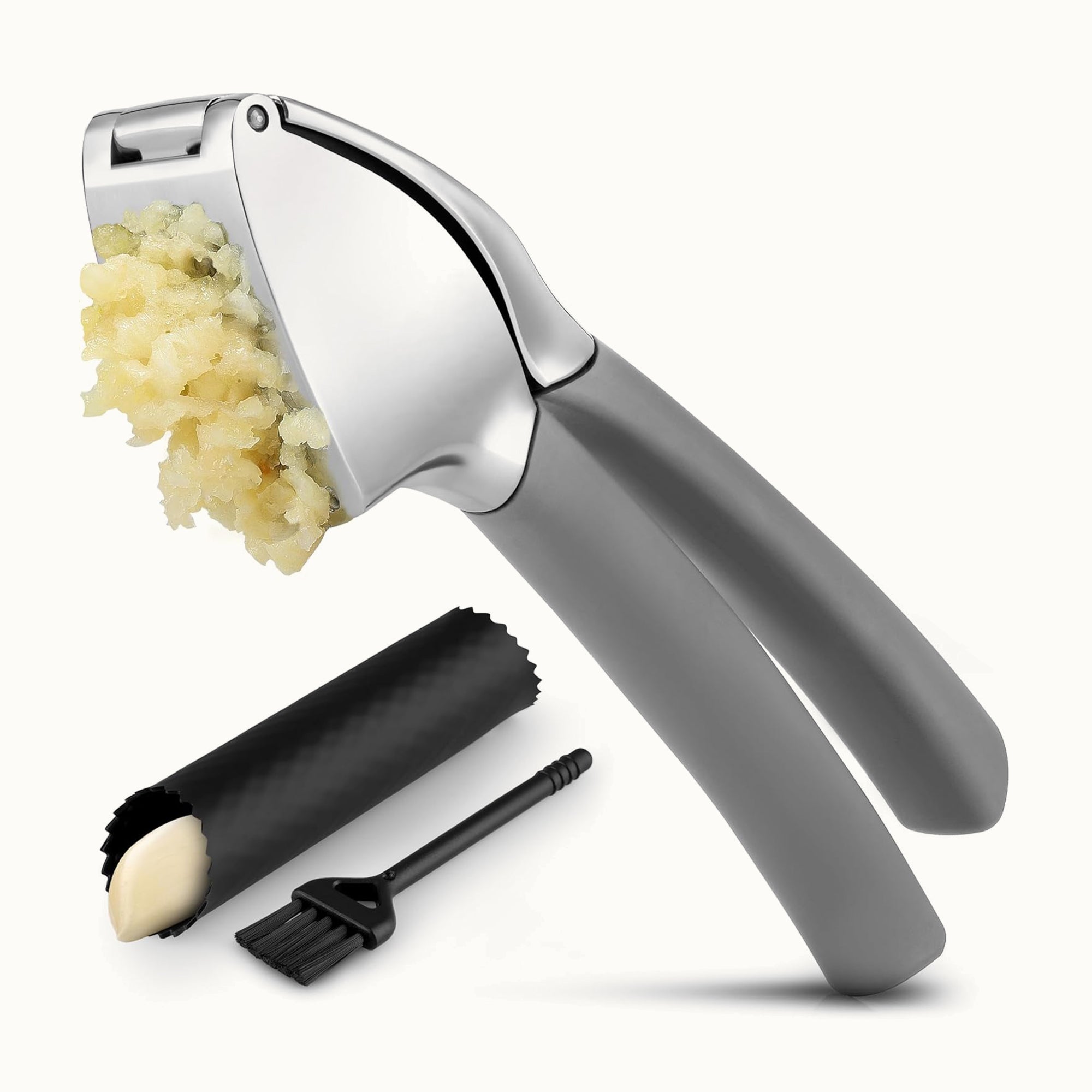 Garlic Press Comfort Grip with Peeler and Brush - Gray by Zulay Kitchen