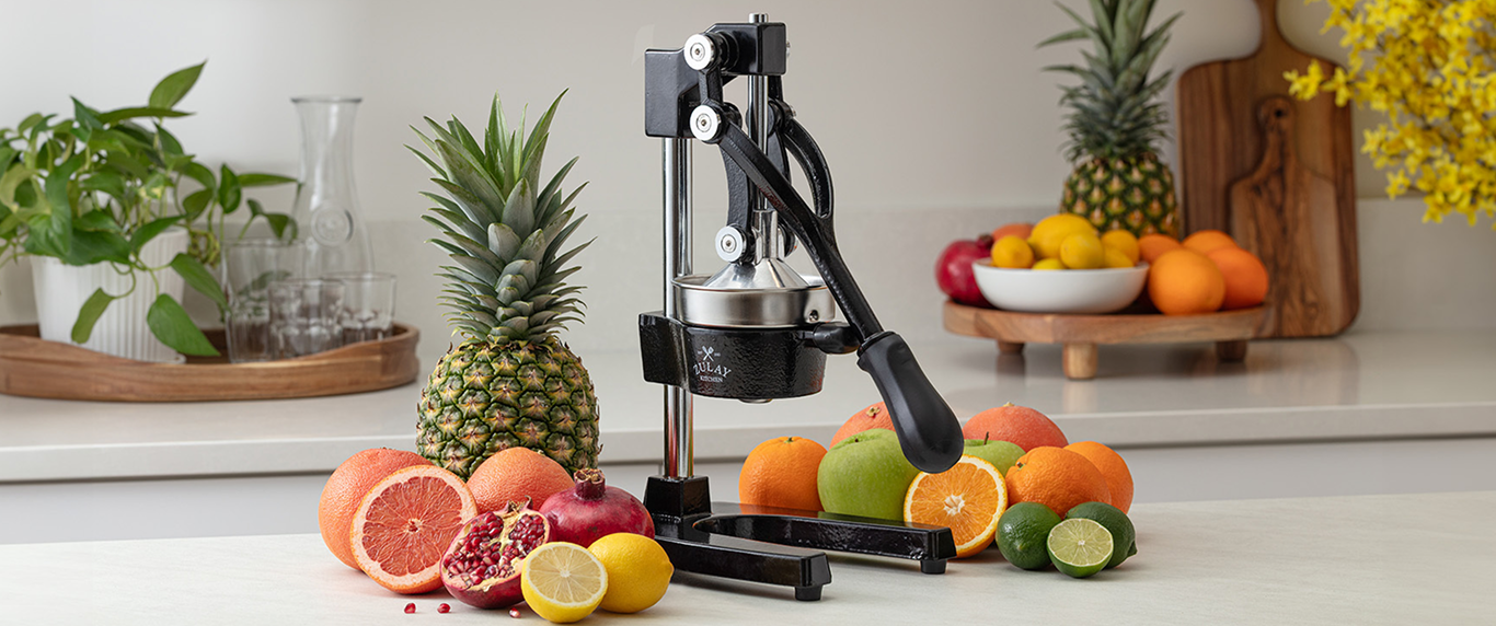 Black Zulay Kitchen Cast Iron Juicer with fruits