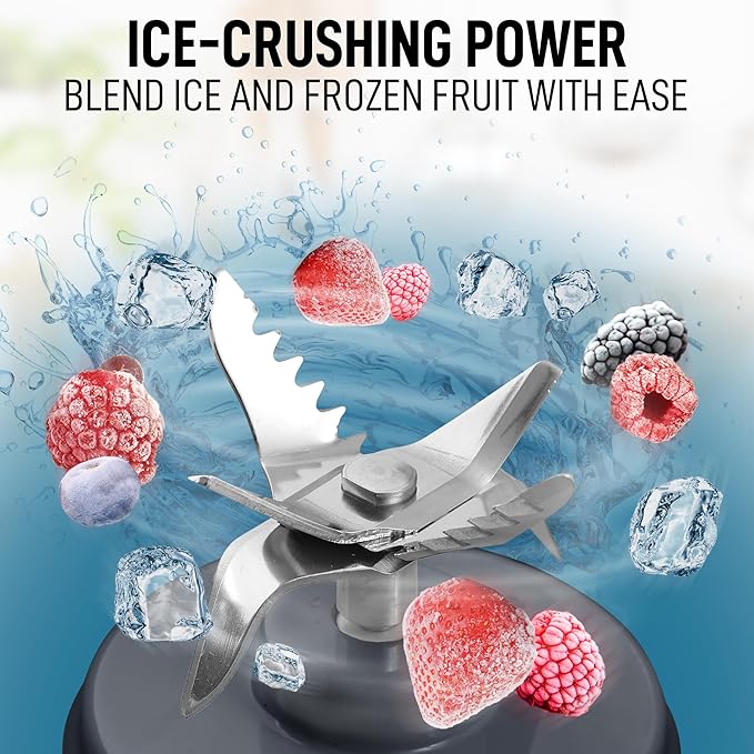 Ice crusher with ice cubes and frozen fruit on a blue background, text 'ICE-CRUSHING POWER BLEND ICE AND FROZEN FRUIT WITH EASE'.