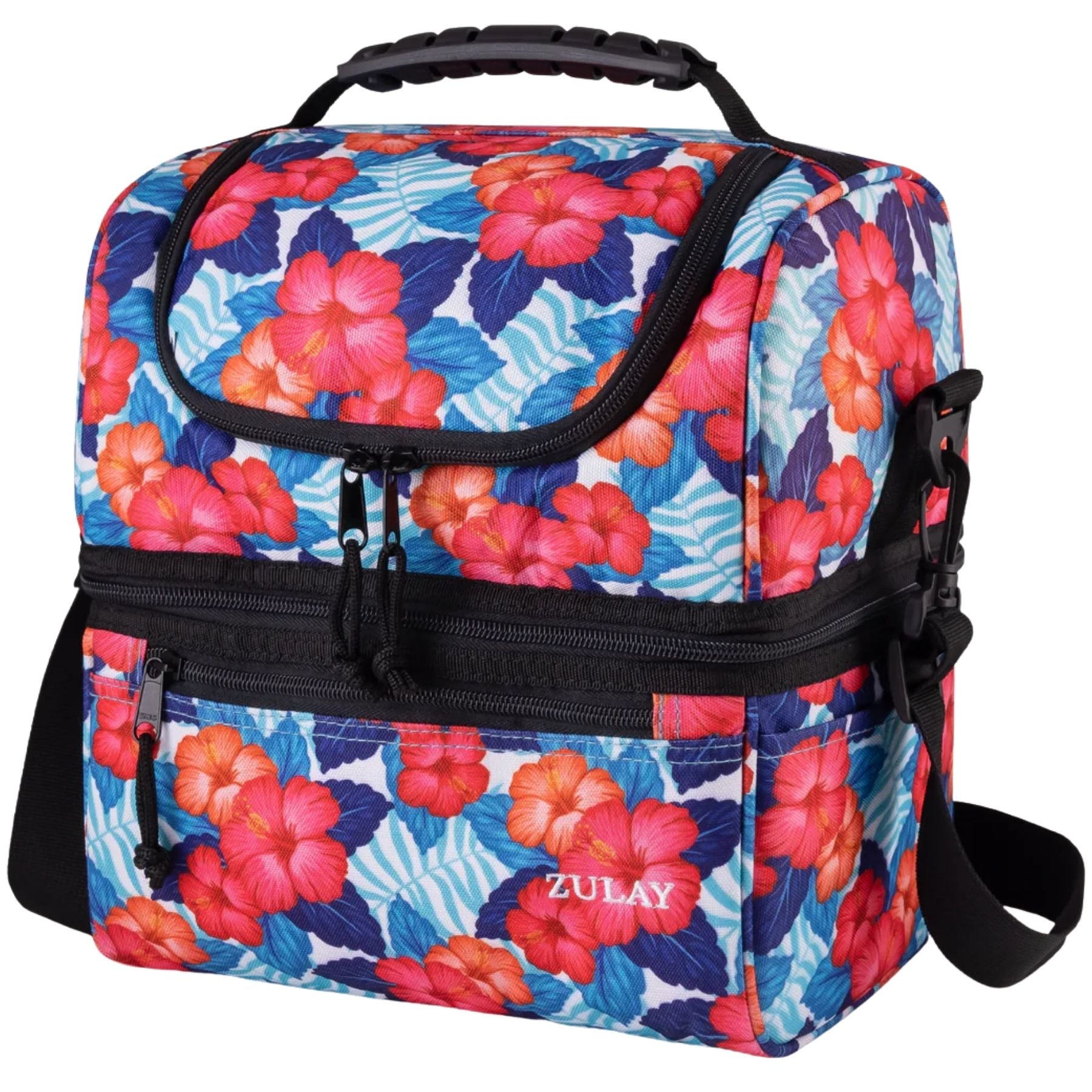 Insulated 2-Compartment Lunch Box Bag With Strap - Hibiscus by Zulay Kitchen
