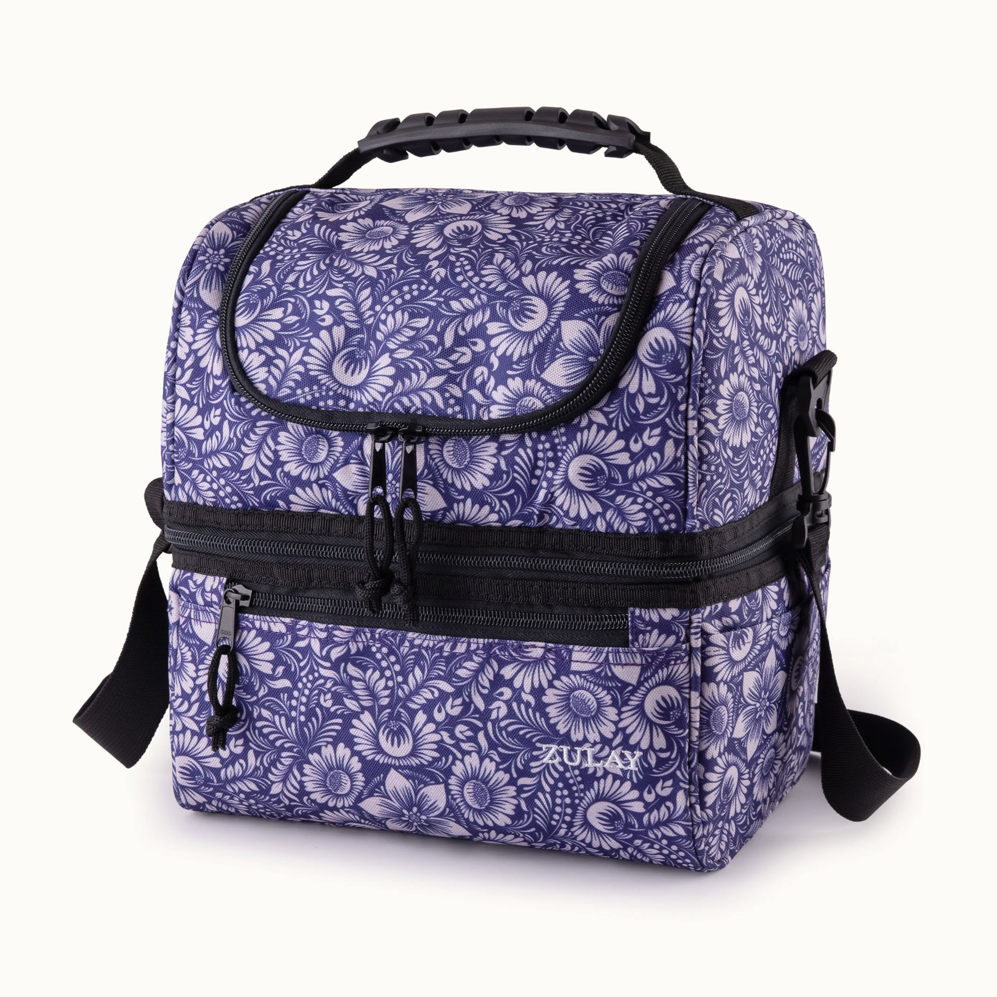 Insulated 2-Compartment Lunch Box Bag With Strap- Indigo Flowers by Zulay Kitchen