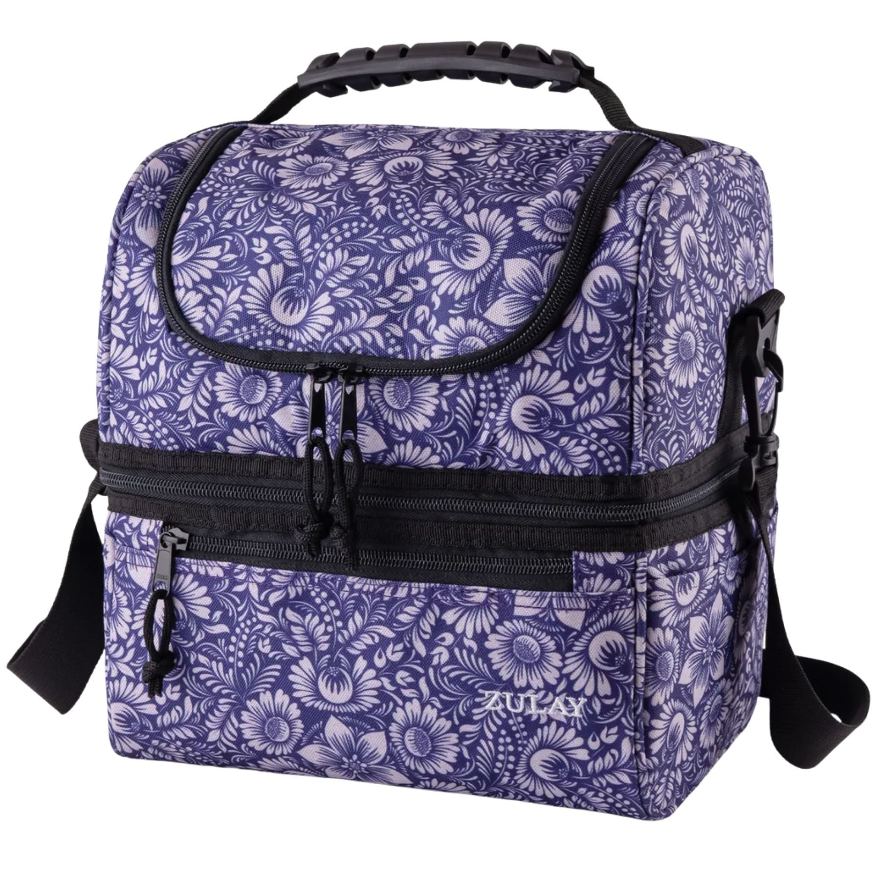 Insulated 2-Compartment Lunch Box Bag With Strap- Indigo Flowers by Zulay Kitchen
