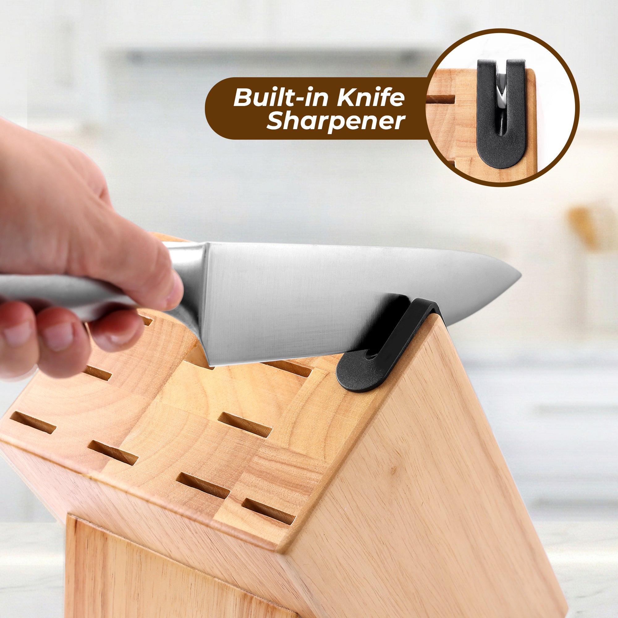 Knife being sharpened on a wooden block with a built-in sharpener feature highlighted.