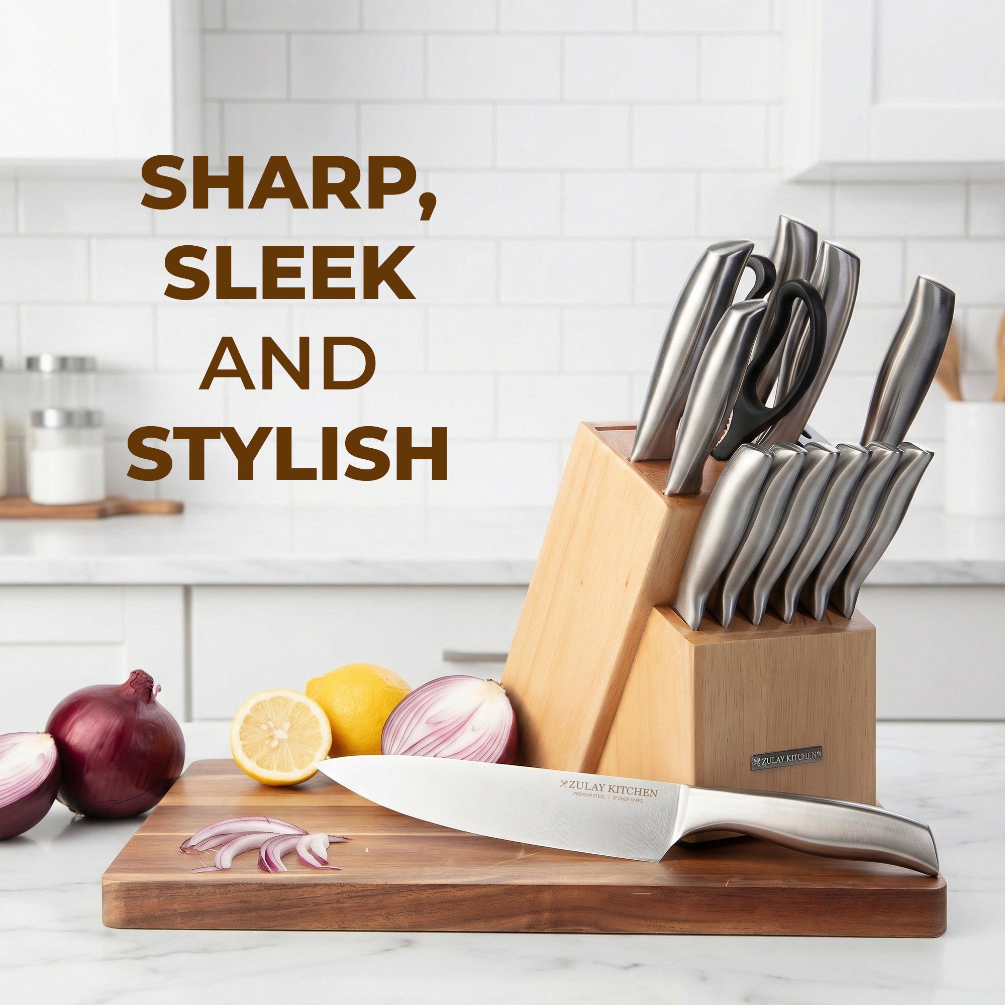 Set of knives in a wooden block on a cutting board with text 'Sharp, Sleek and Stylish' in a kitchen setting.