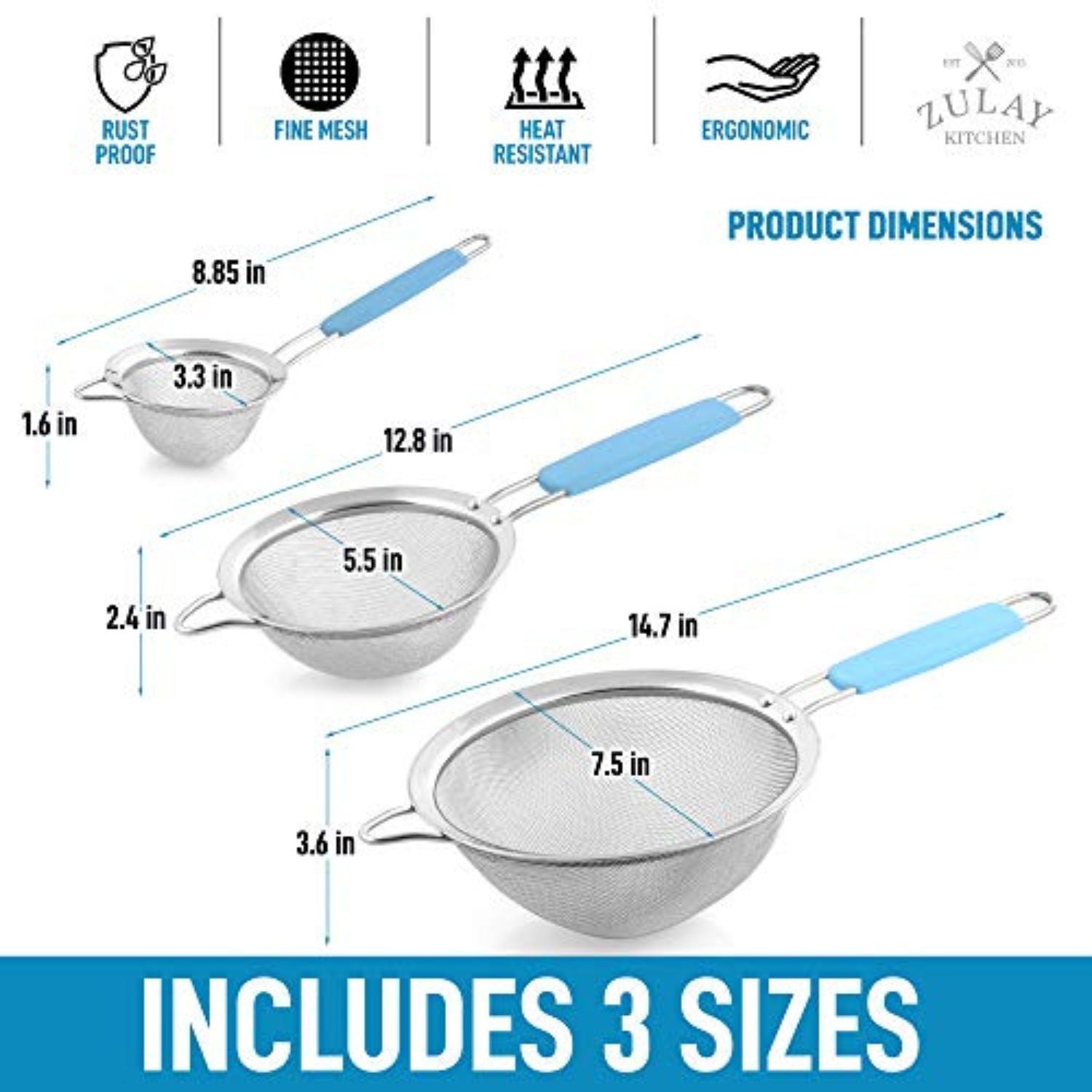 3 Piece Kitchen Strainer by Zulay Kitchen