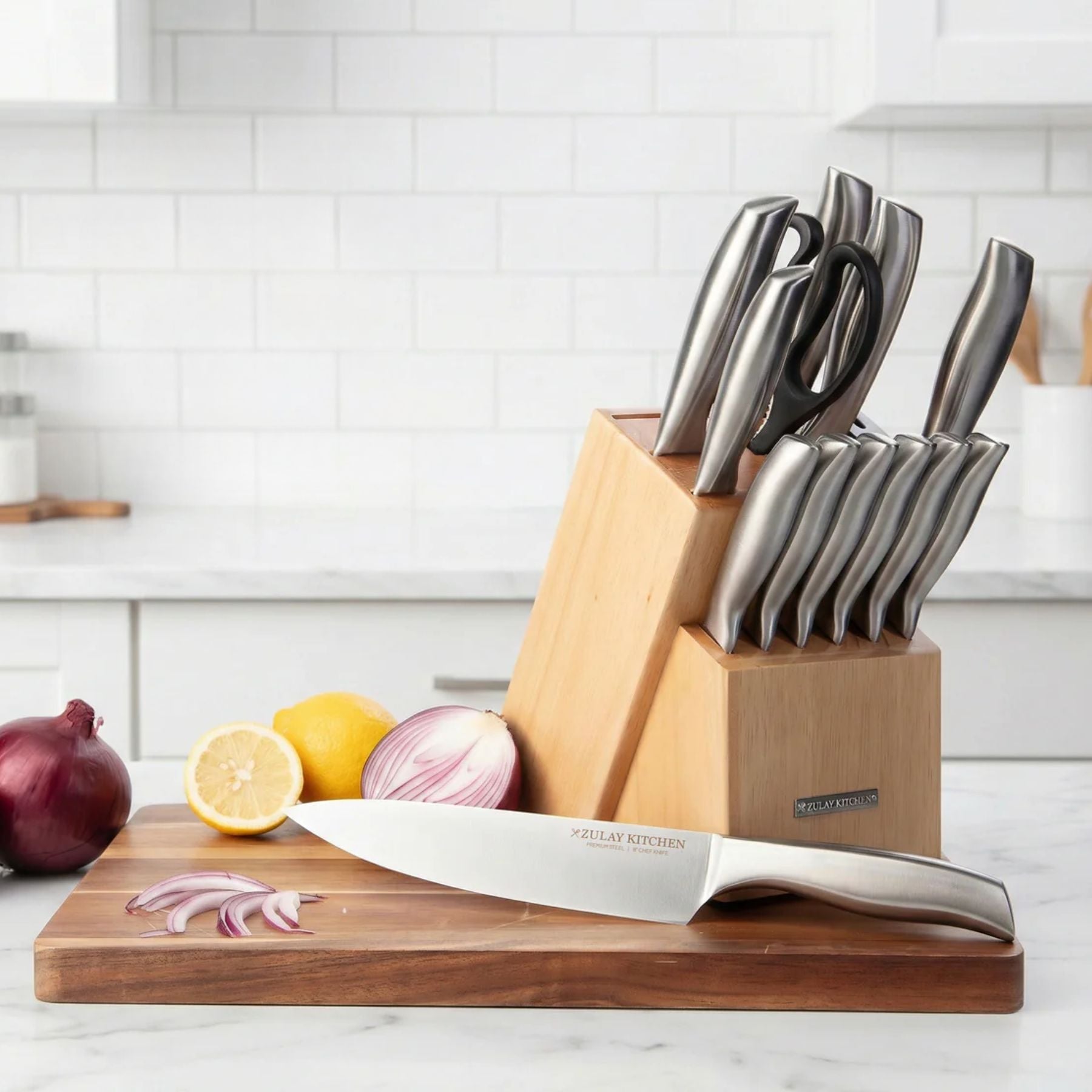 Zulay Kitchen Kitchen Kife set in a wooden block on a cutting board with vegetables in a kitchen setting