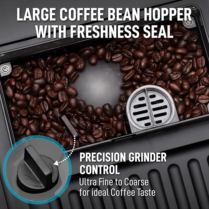 The Automatic Espresso Machine with Grinder Features a Generous 1.8-liter Water Tank, and a 250-gram Bean Hopper by Zulay Kitchen