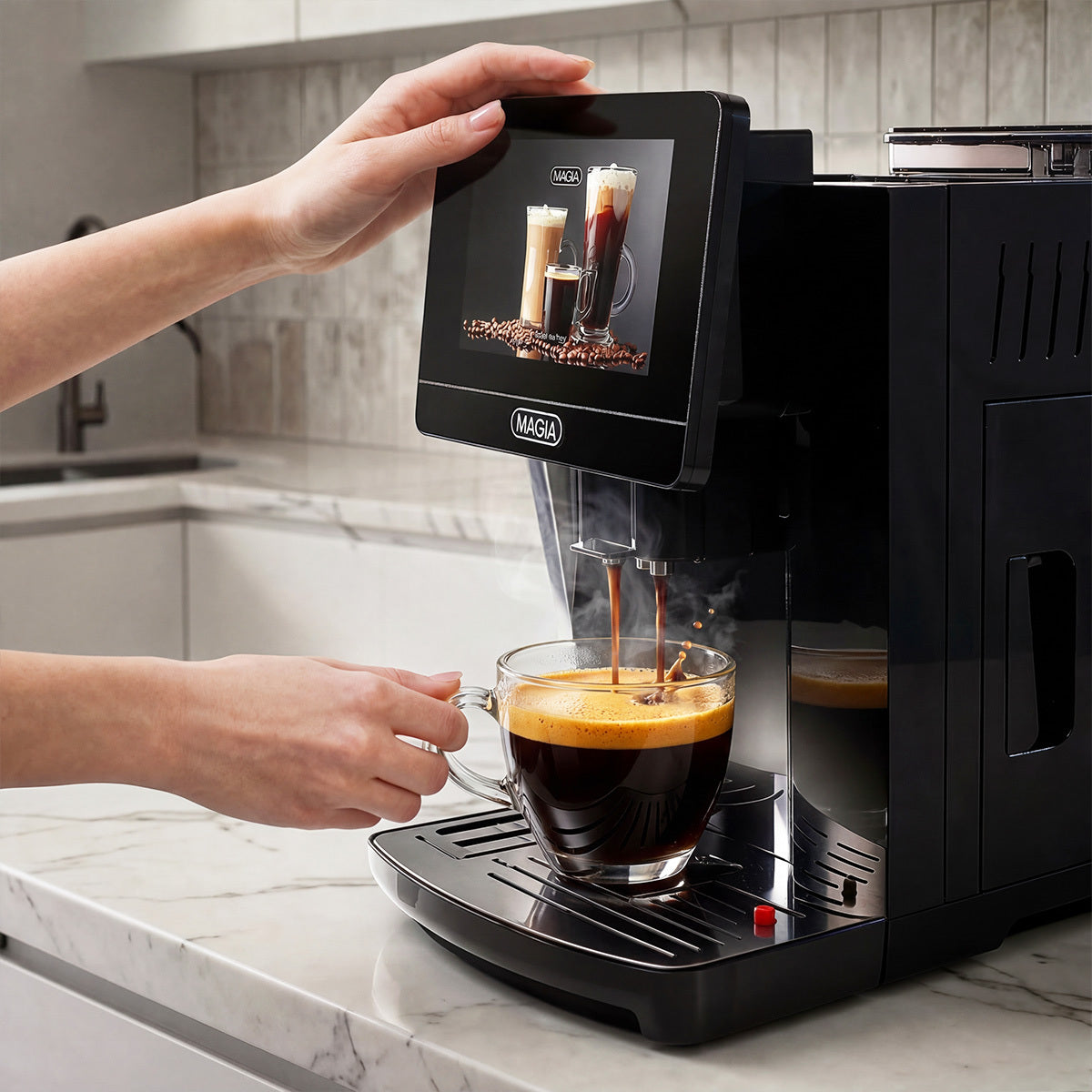 Person using a Zulay Magia Super Automatic Espresso Machine to make a cup of coffee in a kitchen.