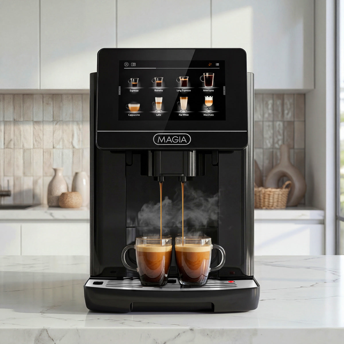 Black Zulay Magia Super Automatic Espresso Machine labeled 'MAGIA' dispensing coffee into two cups on a kitchen counter.