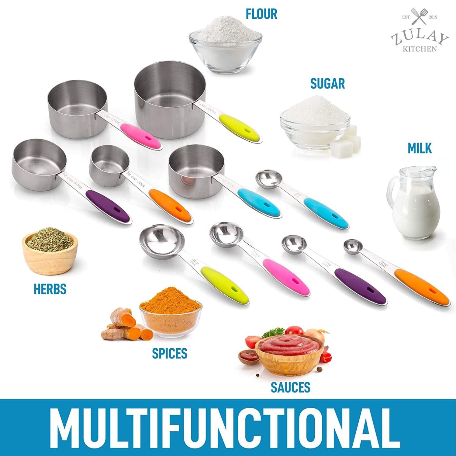 Multifunctional Measuring Cups and Spoons (Multicolored) - Set of 10 by Zulay Kitchen
