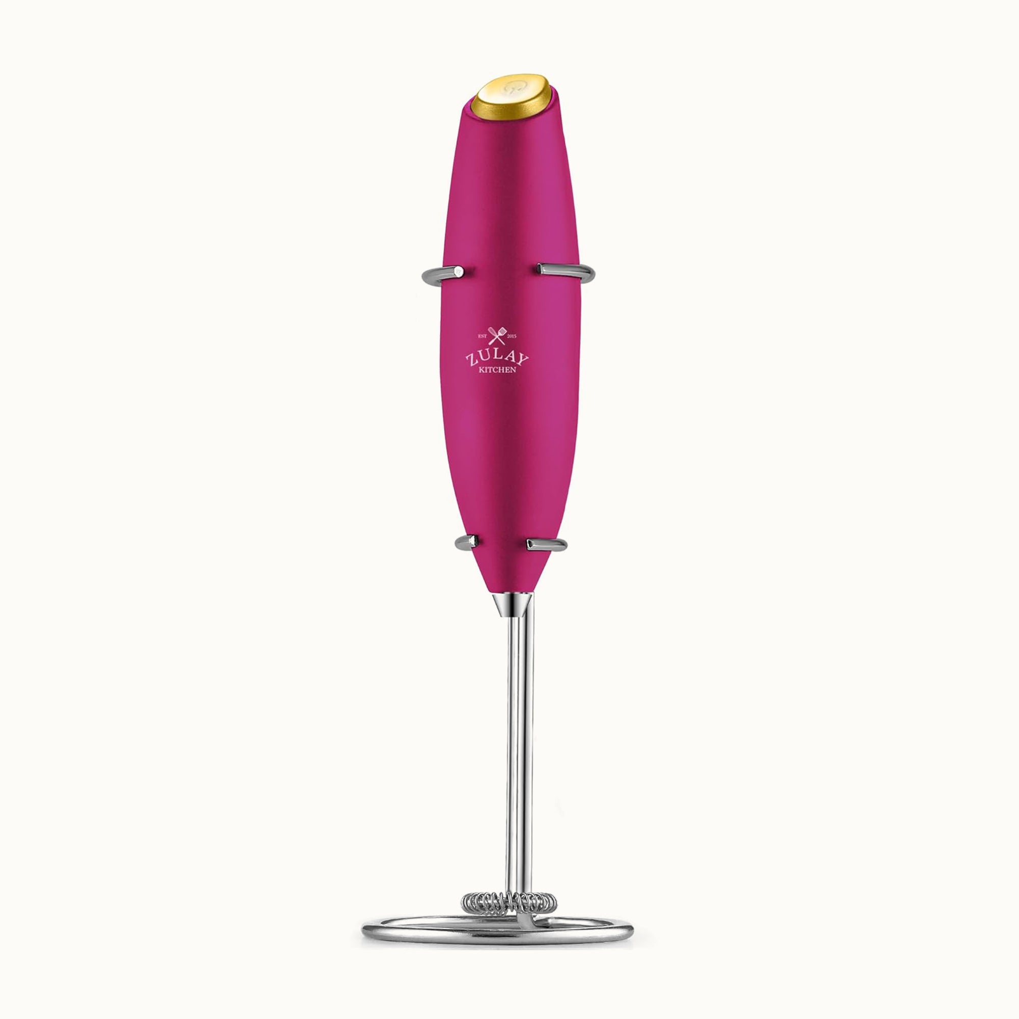 Milk Frother With Stand - Hot Pink with Gold Button by Zulay Kitchen