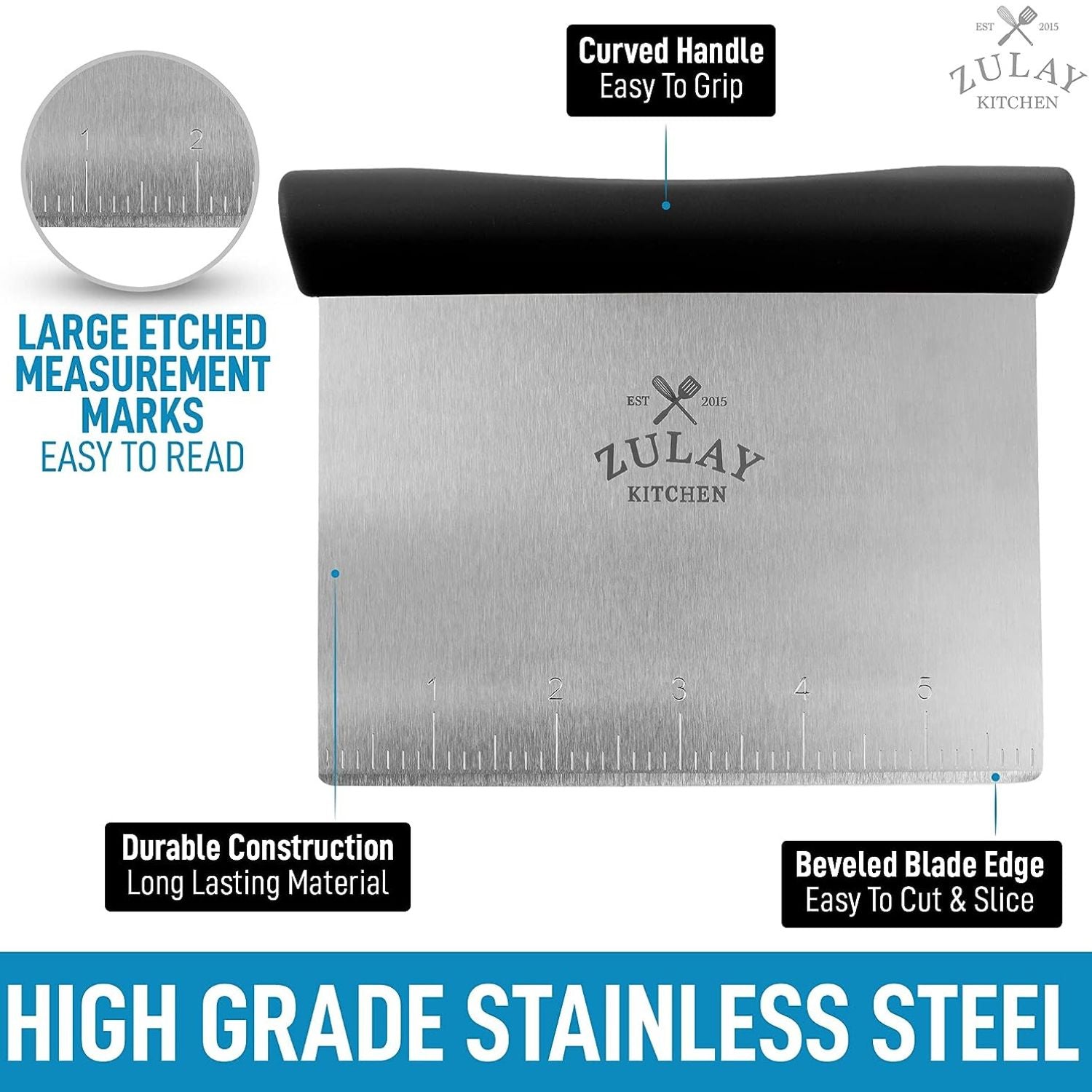 Top Grade Stainless Steel Multi-Purpose Bench Scraper & Chopper by Zulay Kitchen