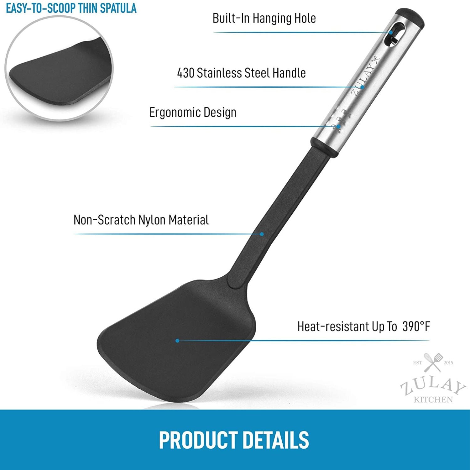 High Quality Nylon Spatula with Stainless Steel Handle by Zulay Kitchen
