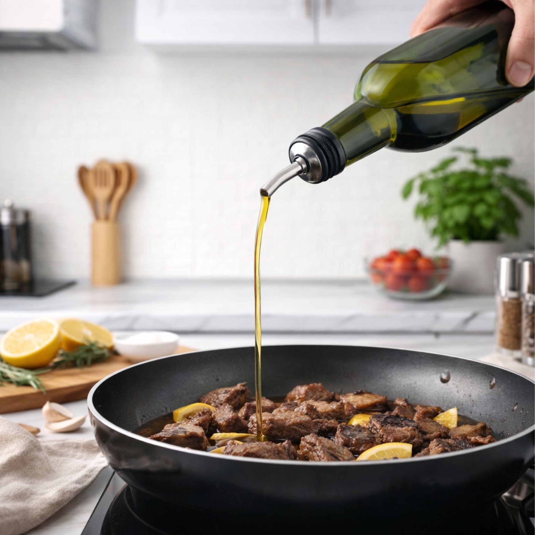 Person pouring olive oil from a bottle into a frying pan with beef on a kitchen counter.