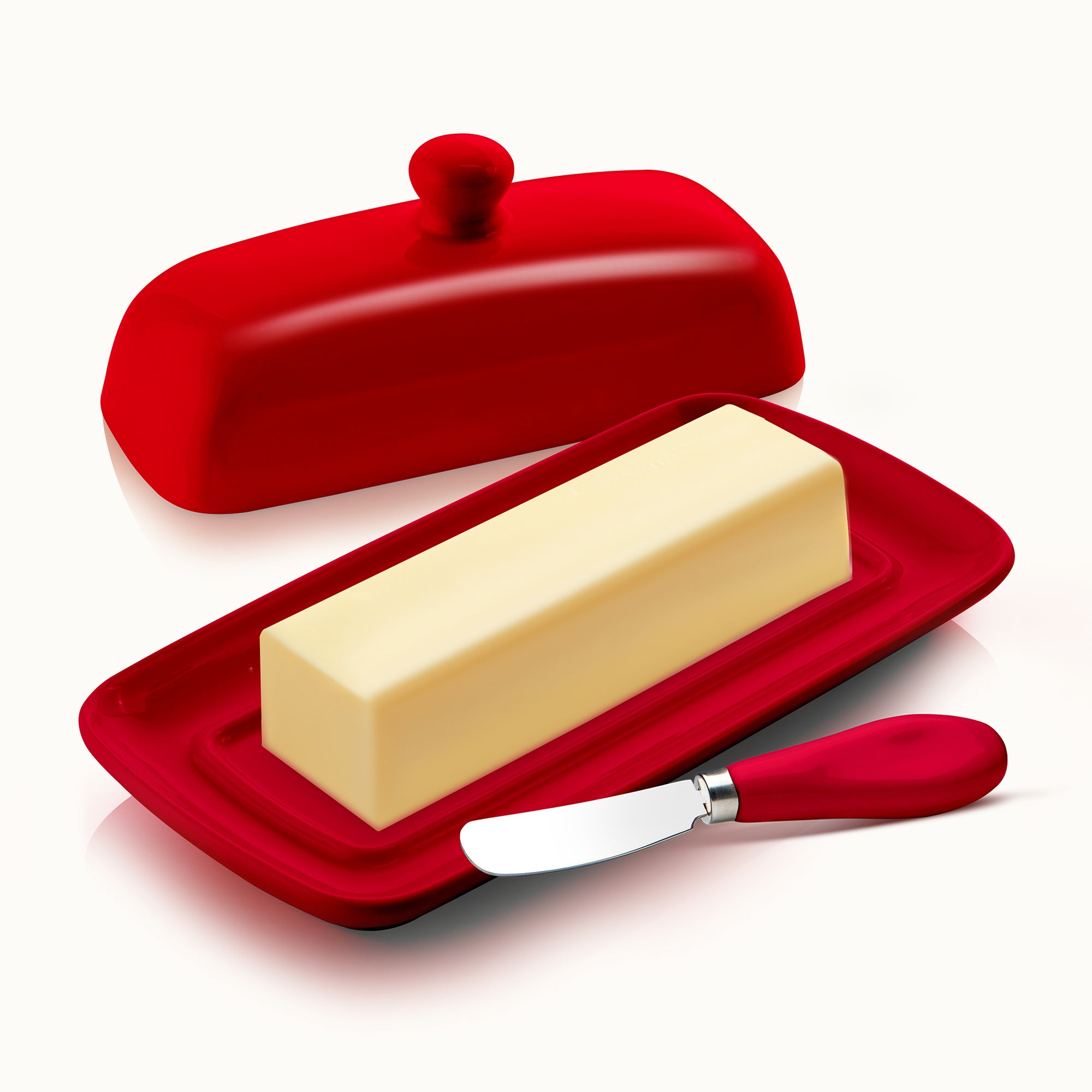 Zulay Kitchen Porcelain Butter Dish With Lid & Knife - Red