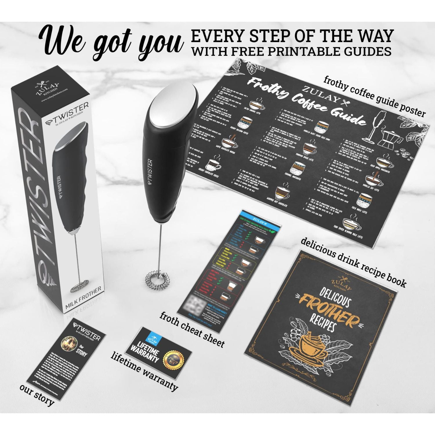 Powerful Twister Milk Frother Handheld with Free Printable Guides by Zulay Kitchen