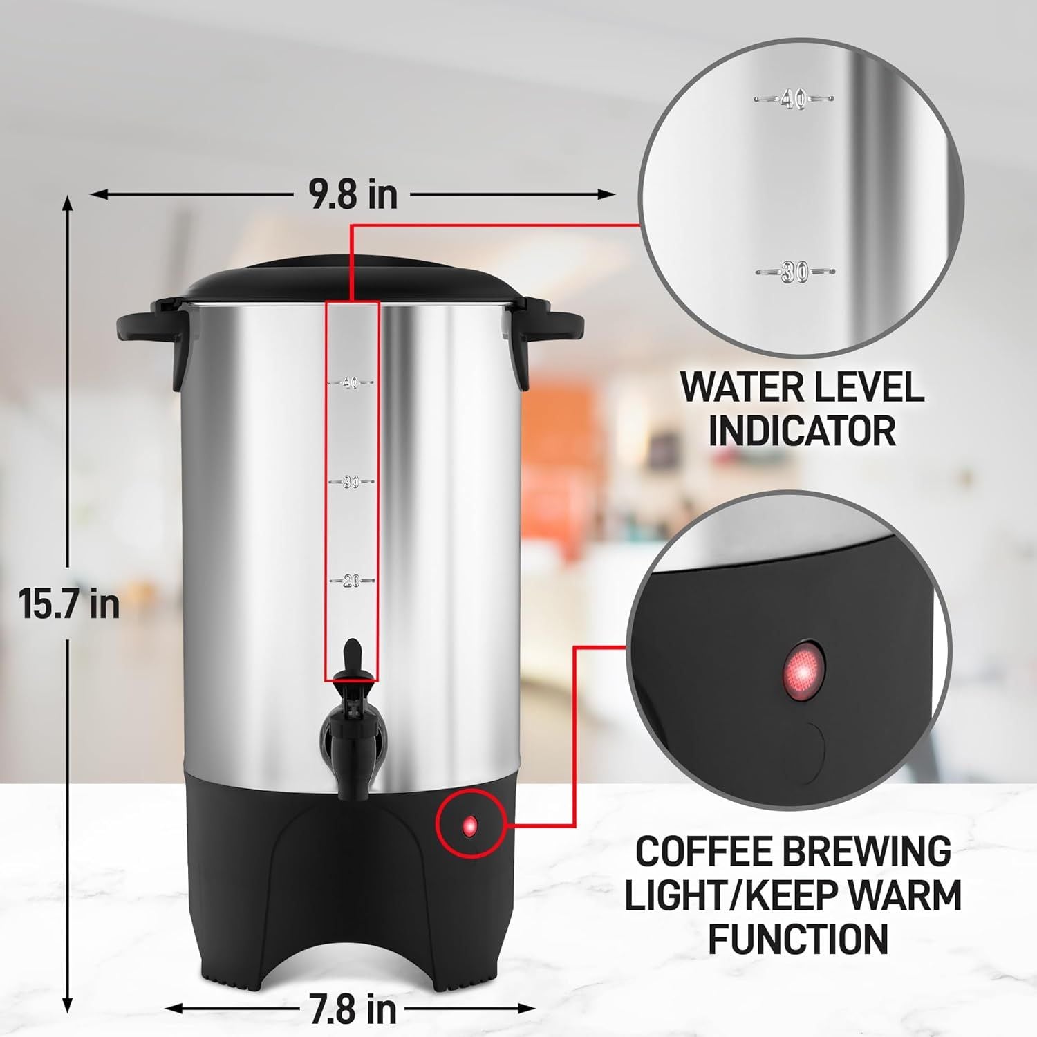 40 cup Coffee Urn Dimensions with Water Level Indicator by Zulay Kitchen