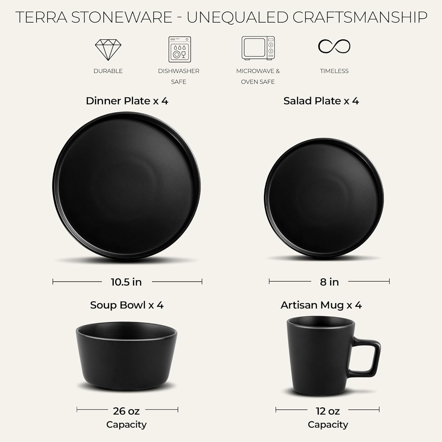 Includes 4 of Each Dinner Plate, Salad Plate, Soup Bow, and Artisan Mug by Zulay Kitchen