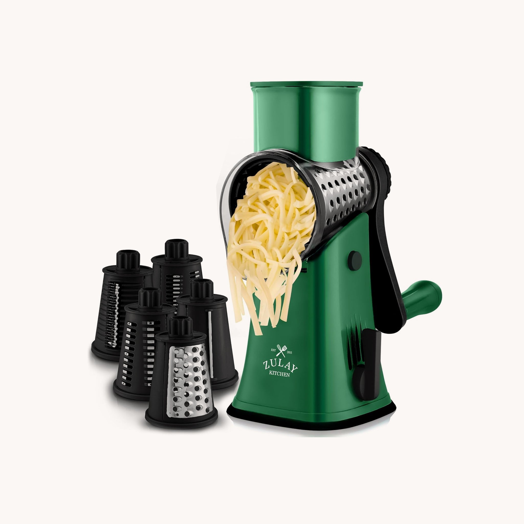 Rotary Cheese Grater with 5 Interchangeable Blades - Black & Green by Zulay Kitchen