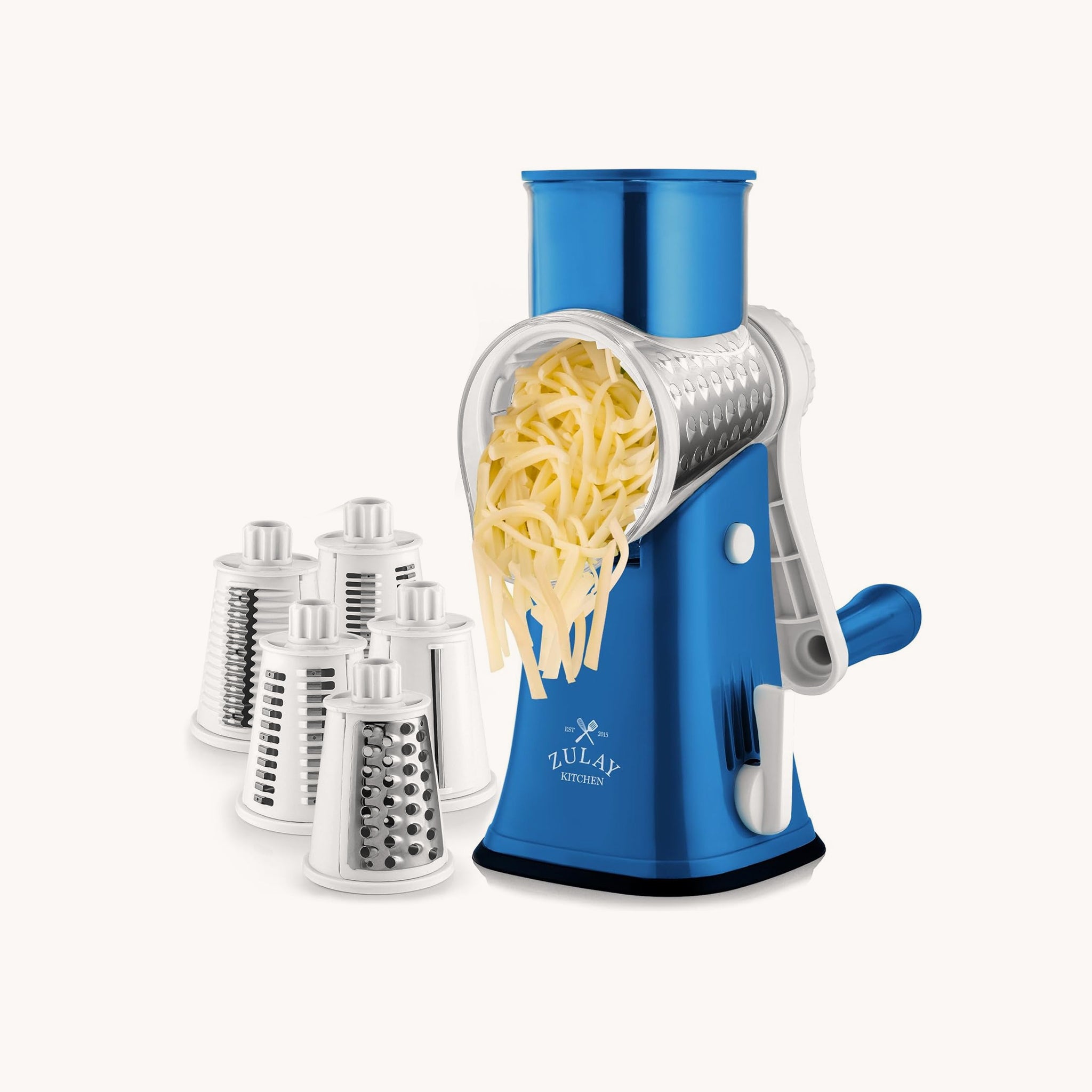 Rotary Cheese Grater with 5 Interchangeable Blades - White & Blue by Zulay Kitchen