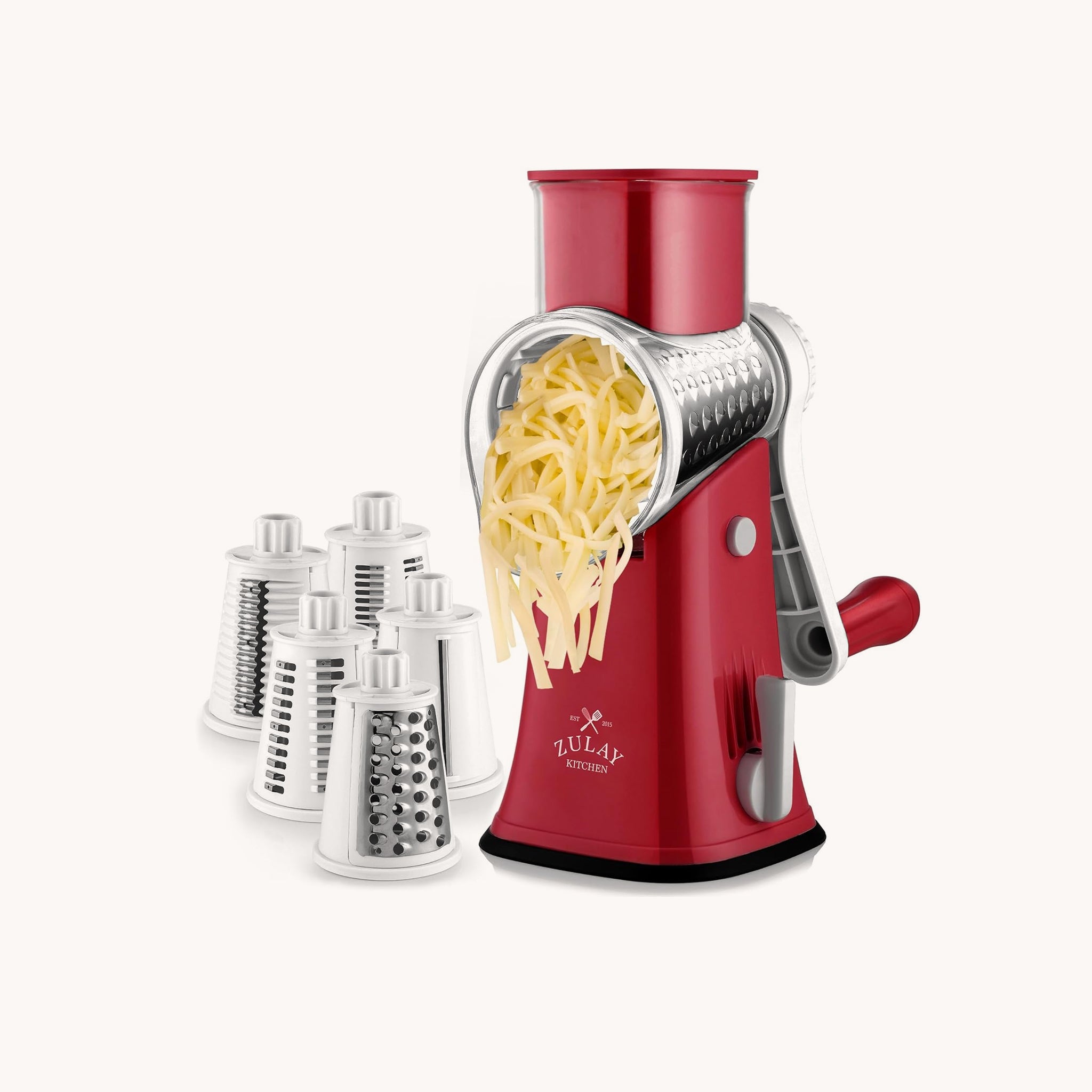 Rotary Cheese Grater with 5 Interchangeable Blades - White & Red by Zulay Kitchen