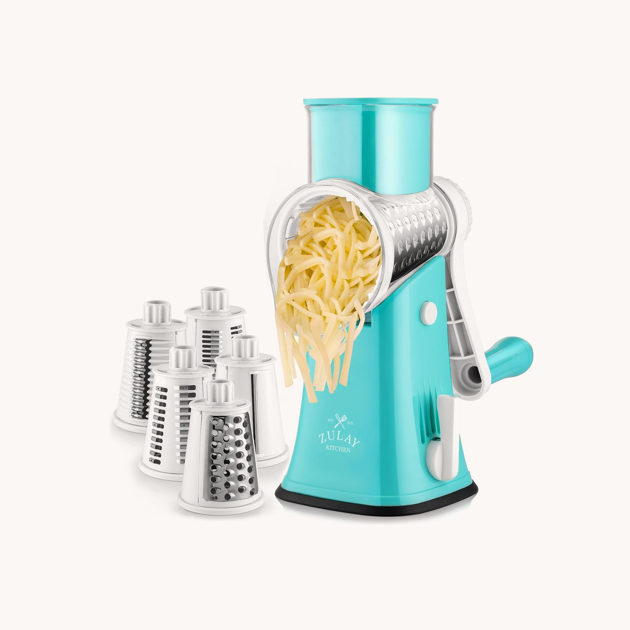 Rotary Cheese Grater with 5 Interchangeable Blades - White & Light Blue by Zulay Kitchen
