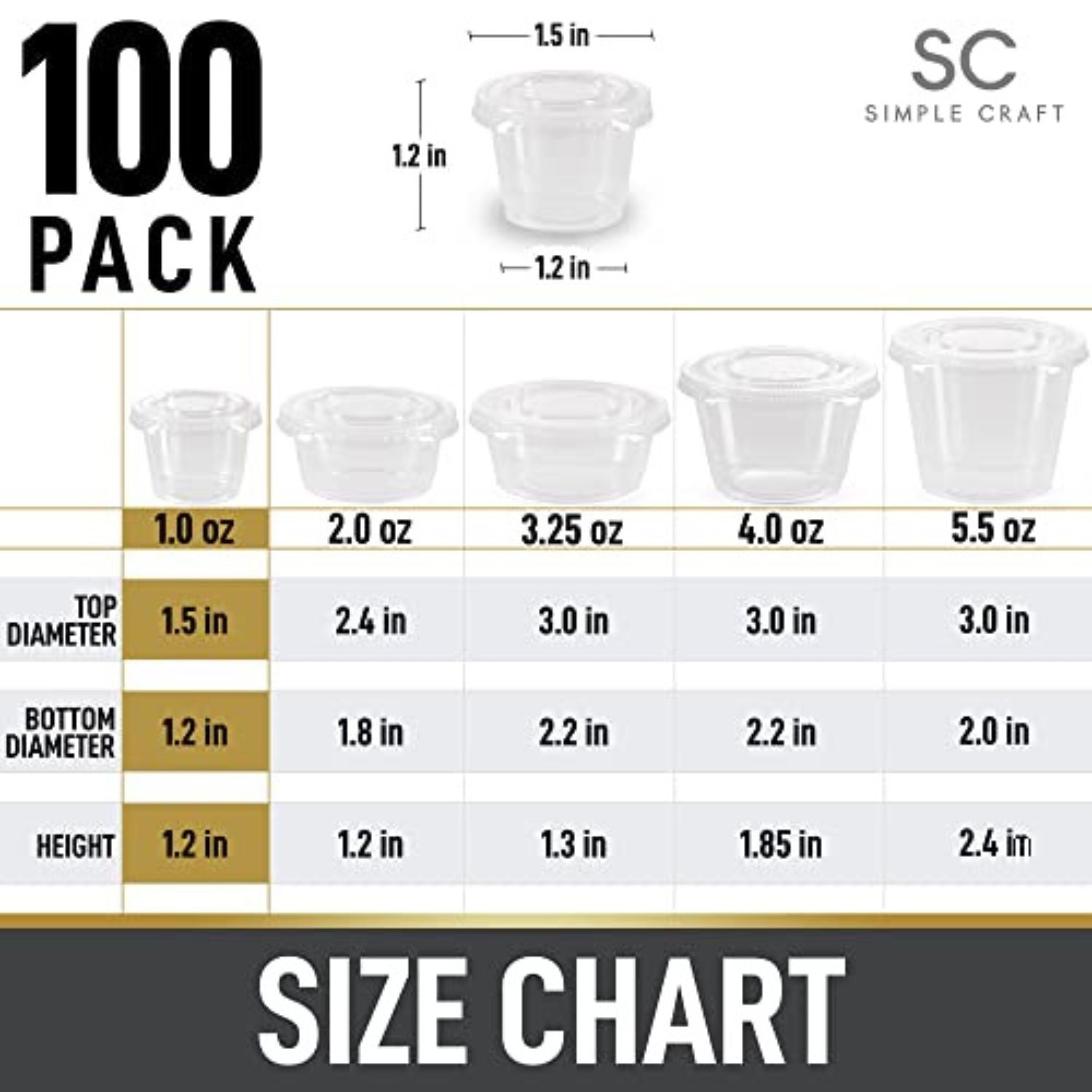 Clear Condiment Cups with Lids Size Chart for 100 Pack