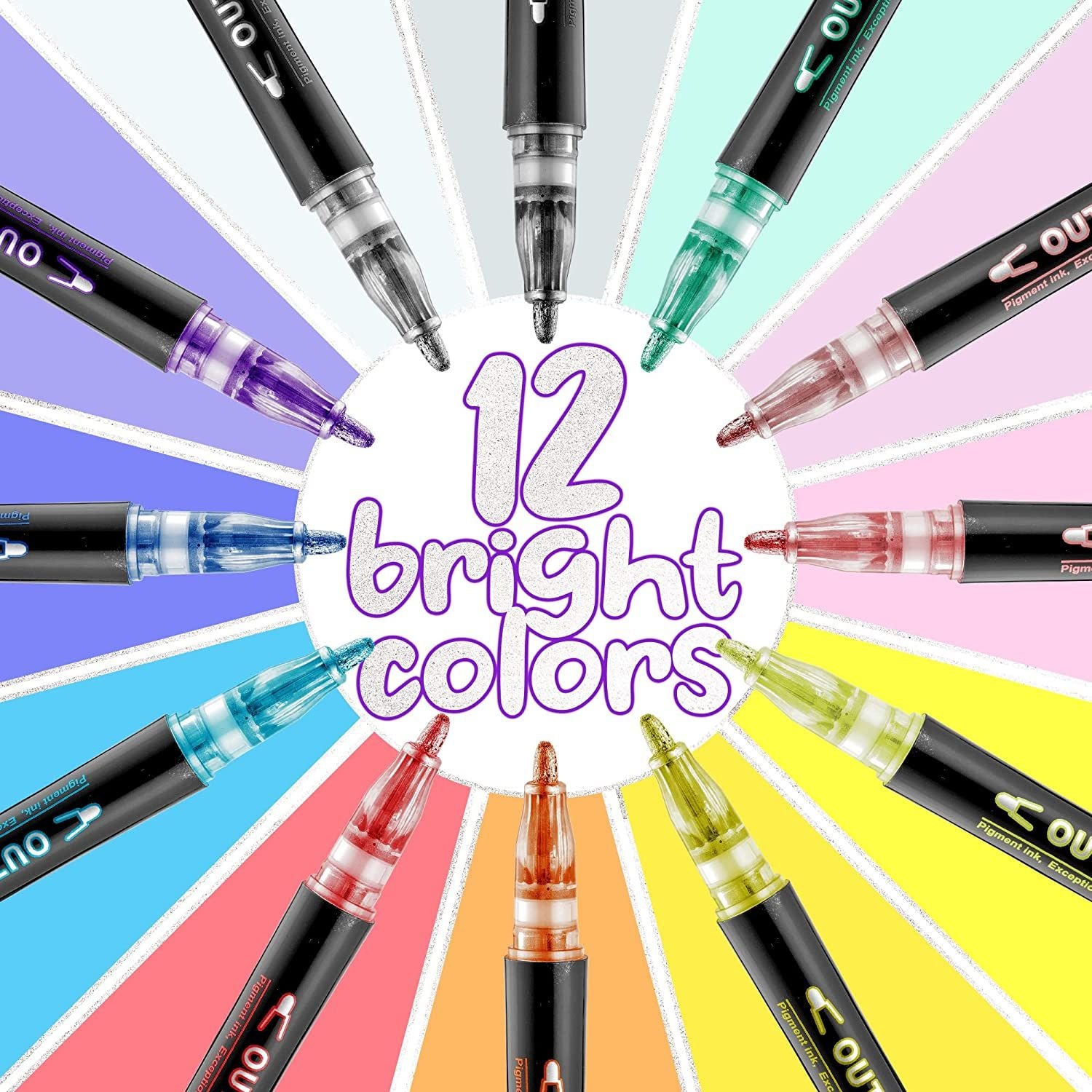 12 Bright Colors Double Line Outline Metallic Markers by Zulay Kitchen