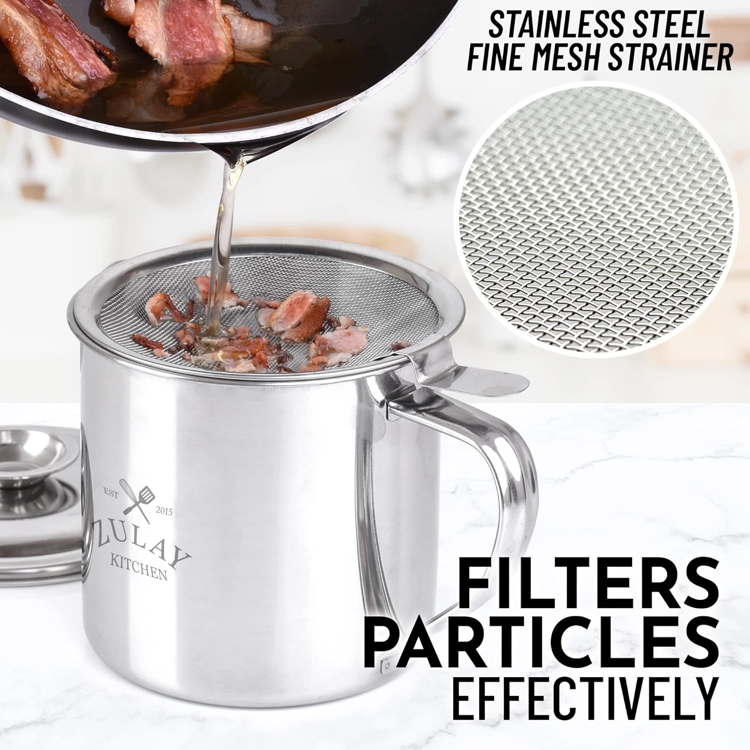 Efficient & Functional Grease Container with Fine Mesh Strainer by Zulay Kitchen