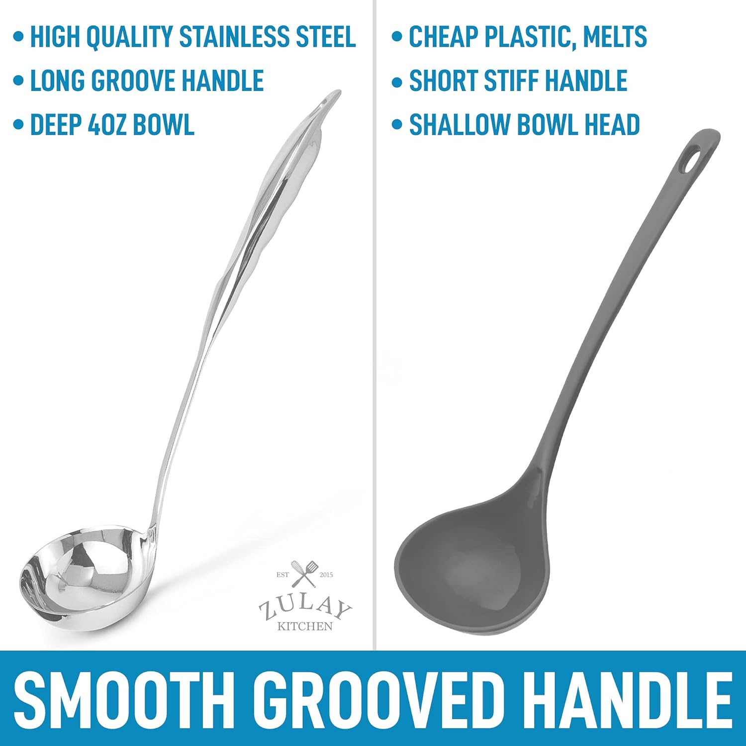 Smooth Grooved Handle Stainless Steel Soup Ladle by Zulay Kitchen