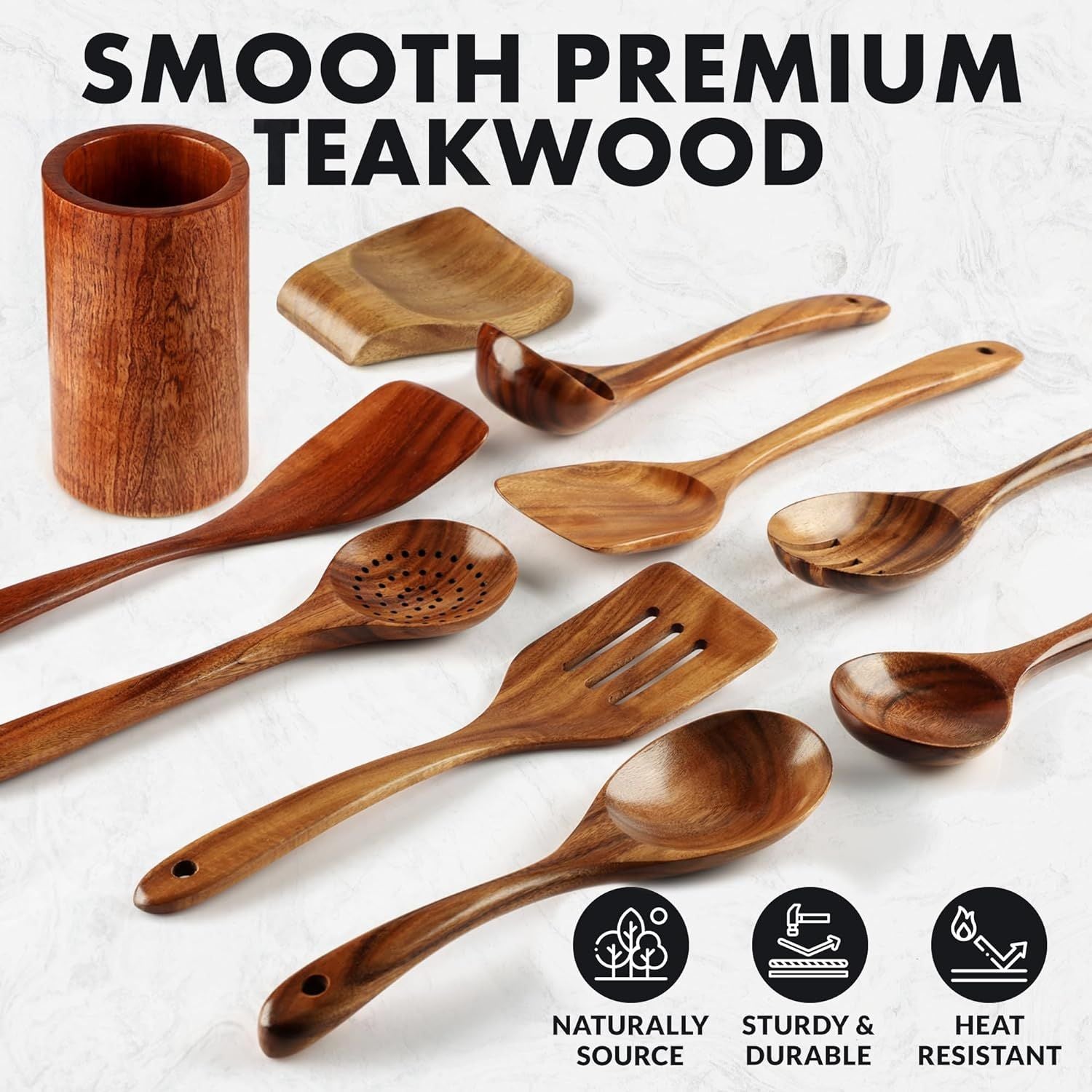 Sturdy and Durable Smooth Premium TeakWood Utensil Set by Zulay Kitchen
