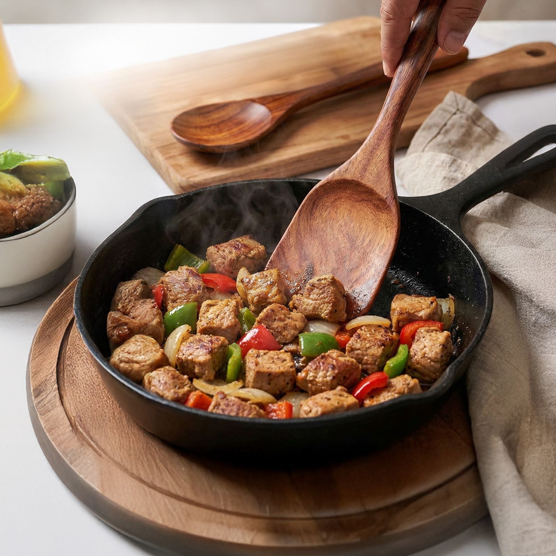 Searing beef and vegetable mixture in a cast iron skillet with a Zulay Kitchen teak wooden spoon.